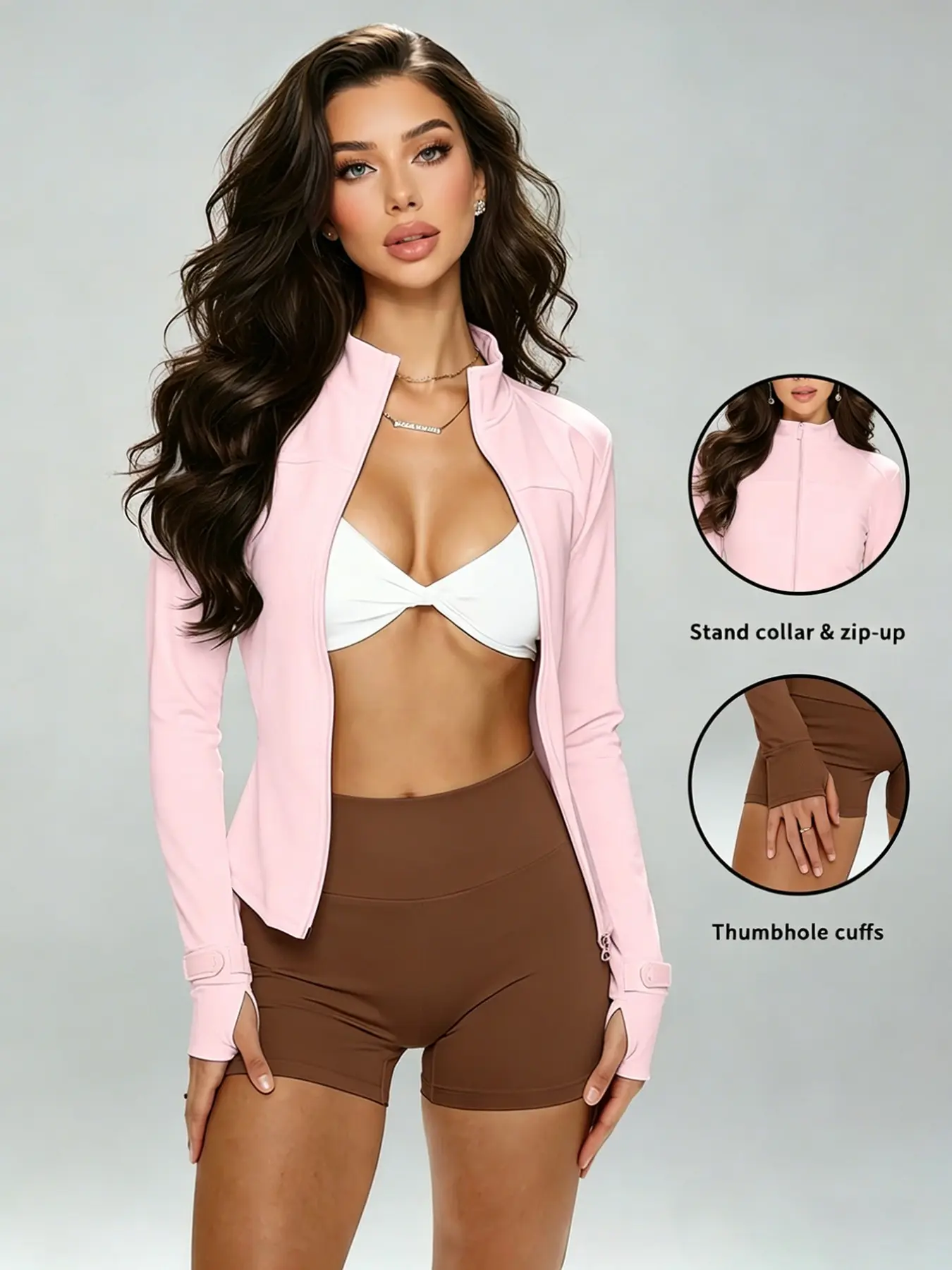 Women's Zipper Sport Jacket, Slim Fit Stand Collar Running Top, Long Sleeve Thumb Hole Lightweight Yoga Workout Coat, Sportswear Jacket