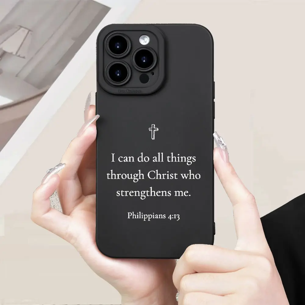 Phone Case: Religious Quote "I Can Do All Things Through Christ Who Strengthens Me. Philippians 4:33.02Cm With Cross Symbol On Black Background Pattern TPU Creative Hot Selling Fun  Shockproof Protective Phone Case For IPhone 17-11, Ideal Birthday Gift