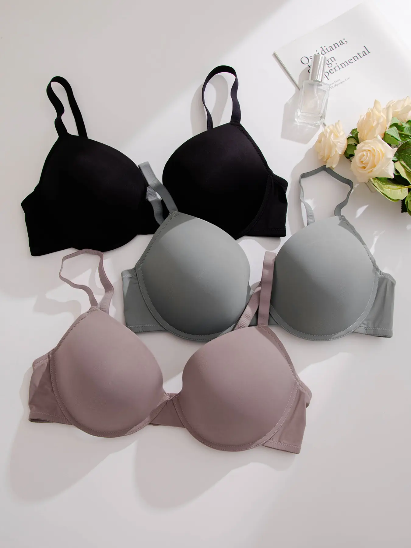 3-Pack Plus Size Women's Push-Up Solid Bras, Back Buckle Comfortable Breathable Large Cup Underwear, Simple Casual Everyday Daily Wear, Medium Support, Lined, Fit