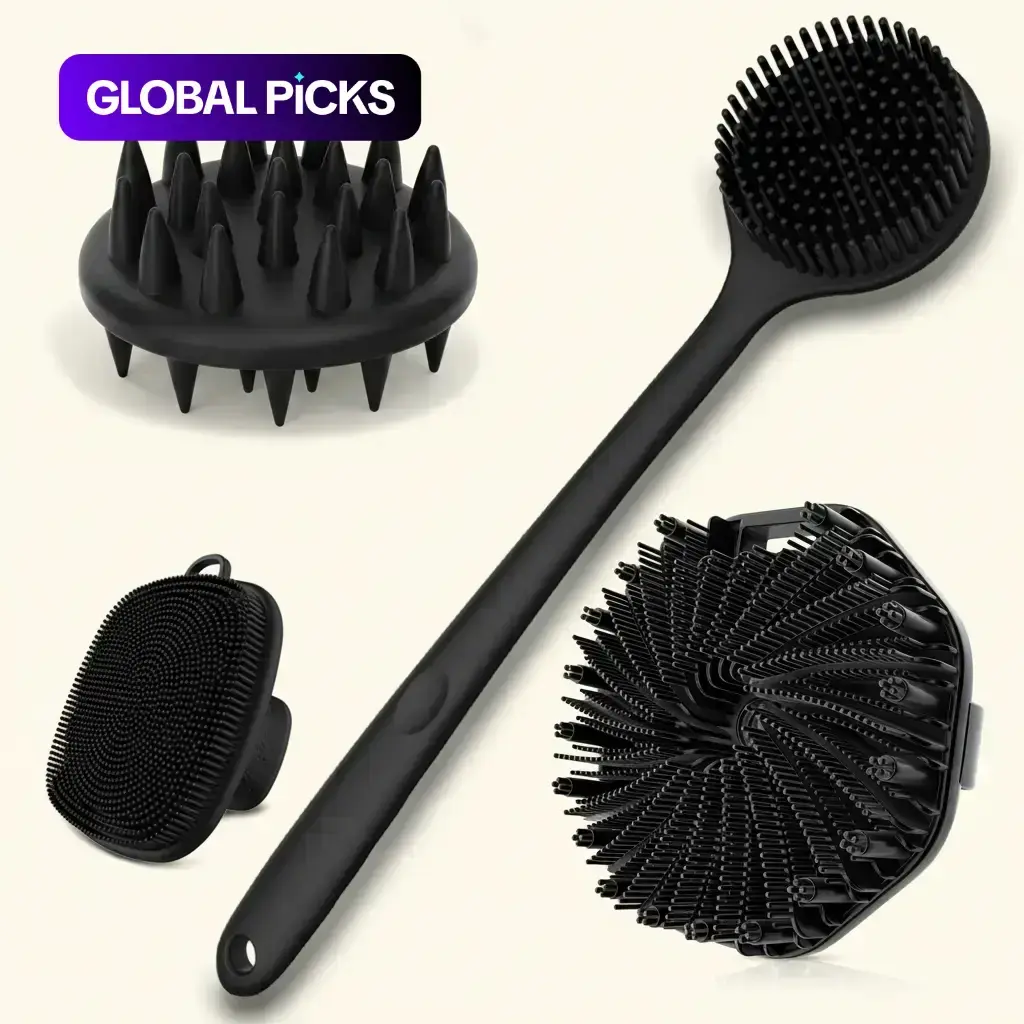 Silicone Body Care Brush Set, 4 Counts Long-Handle Back & Face Brushes, Bath Brush, Body Brush for Showering, Hairbrush & Body Back Scrubber, Professional Skincare Tools for Home & Travel Use, Shower Brush Exfoliating Tool #GLOBAL PICKS