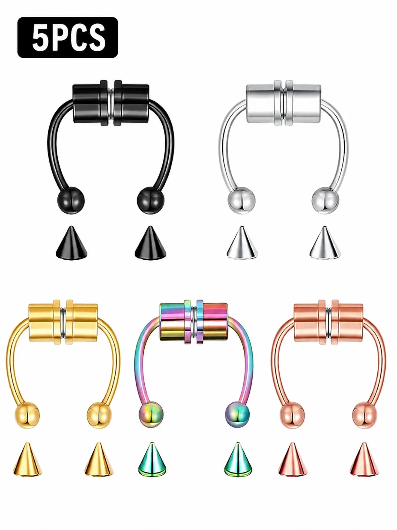 5pcs Non Piercing Magnetic Nose Ring Set, Sexy Stainless Steel Ball and Spike Ends, All Seasons Plain Design, Fashionable Jewelry