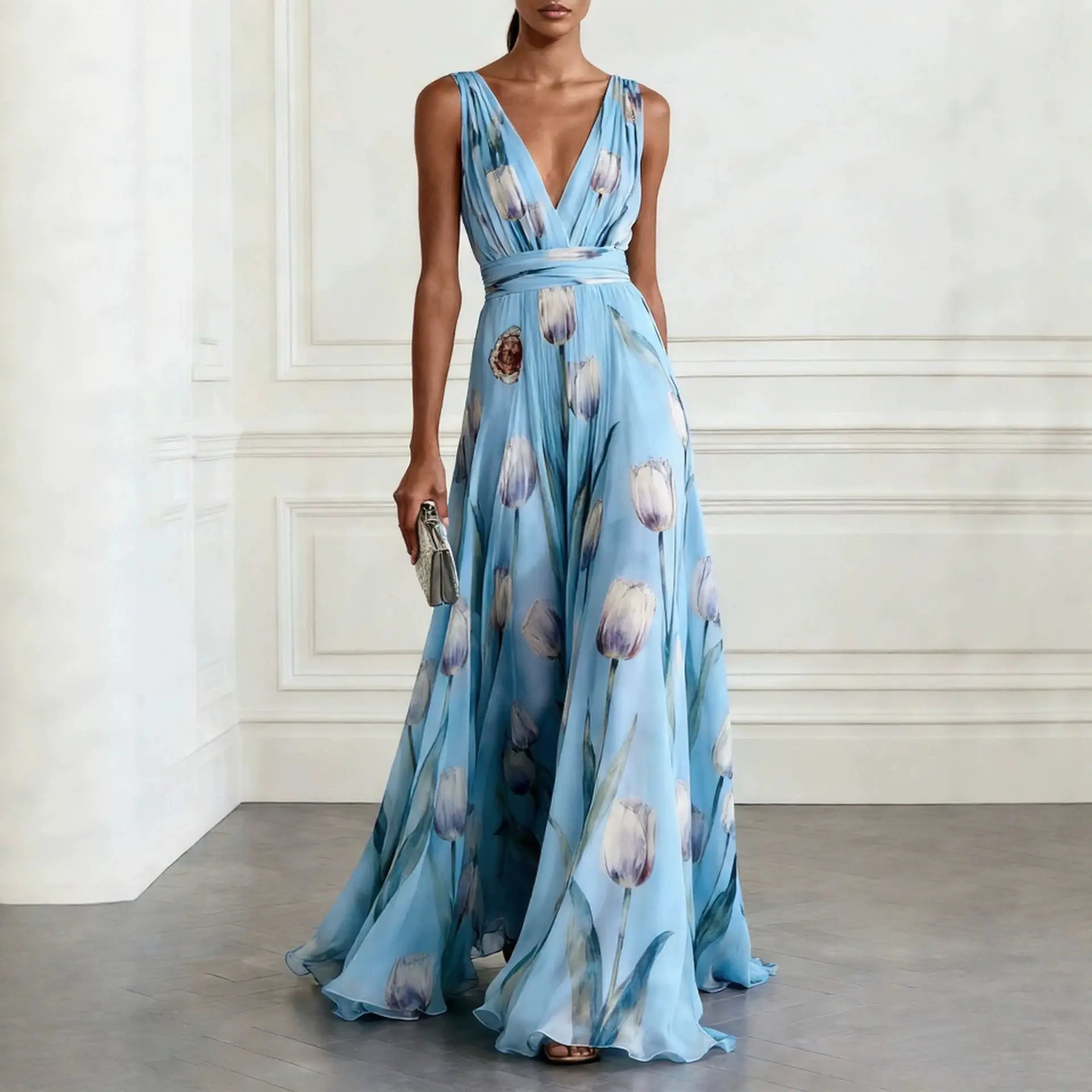 Lady Women's Fairycore Floral Polyester Maxi Dress - V-Neck Sleeveless Formal Dresses for Women, Plus Size 2026 Aesthetic Sports Evening Prom Gown, Elegant Formal Dresses 2026