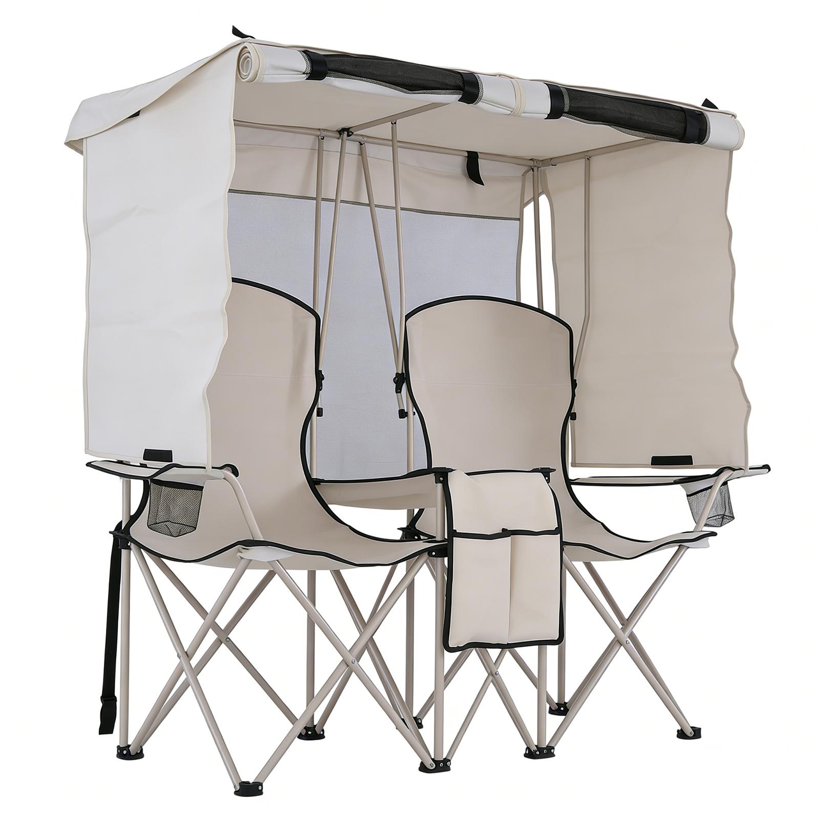 Folding Camping Two-Person Seat with Shade Canopy Portable Double Camping Chair with Cup Holder Cooler Bag Protection for Beach Fishing Camp Sports Event NEW