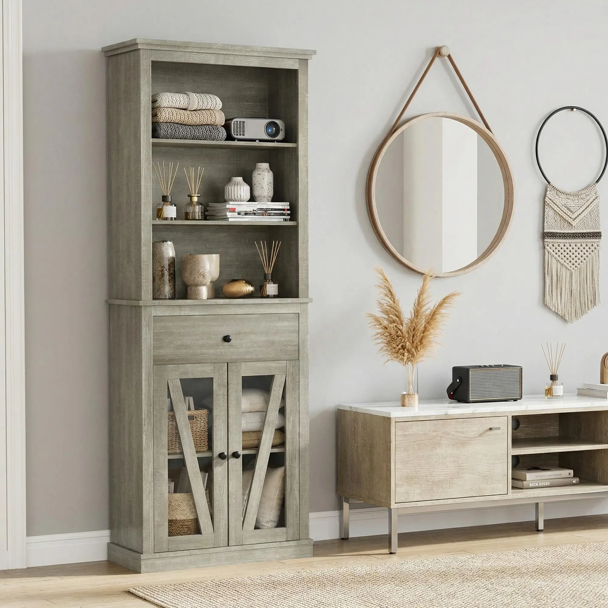 GARVEE 66.5"H Waterproof Modern Durable Tall Freestanding Bathroom Storage Cabinet - Slim Linen Organizer with Open Shelves, Hidden Drawer, Anti-Tip Design, Stable for Small Bathroom & Living Room