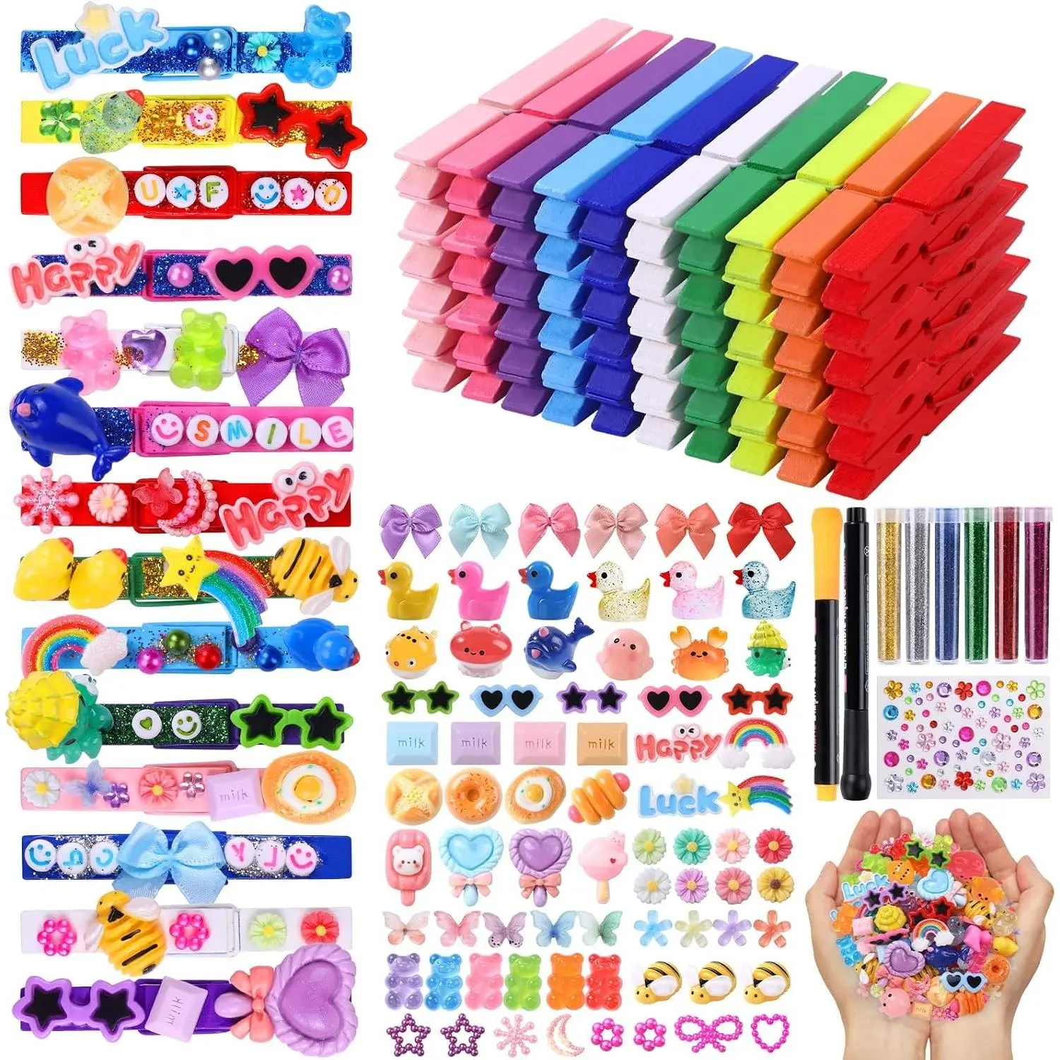 80PCS Cheer Pins Spirit Clips Kit with 80 Colored Wooden Clothes Pins, 126 Mini Resin Animals, Bows, 300 Beads for Backpacks Ribbon Team Classroom Cheer Gifts BulkGift