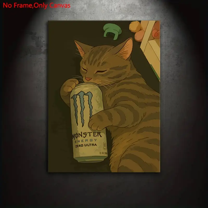 1 Piece/Set Frameless Canvas Painting Print Poster,Classic Pop Cozy Japanese Art,Cat Nap with Monster Energy Drink,Perfect Gift for Animal Lovers,Ideal Gift for Bedroom,Study Room,Office,Living Room,Dorm Hallway,Kitchen,Mural,Wall Decoration,Room Decor