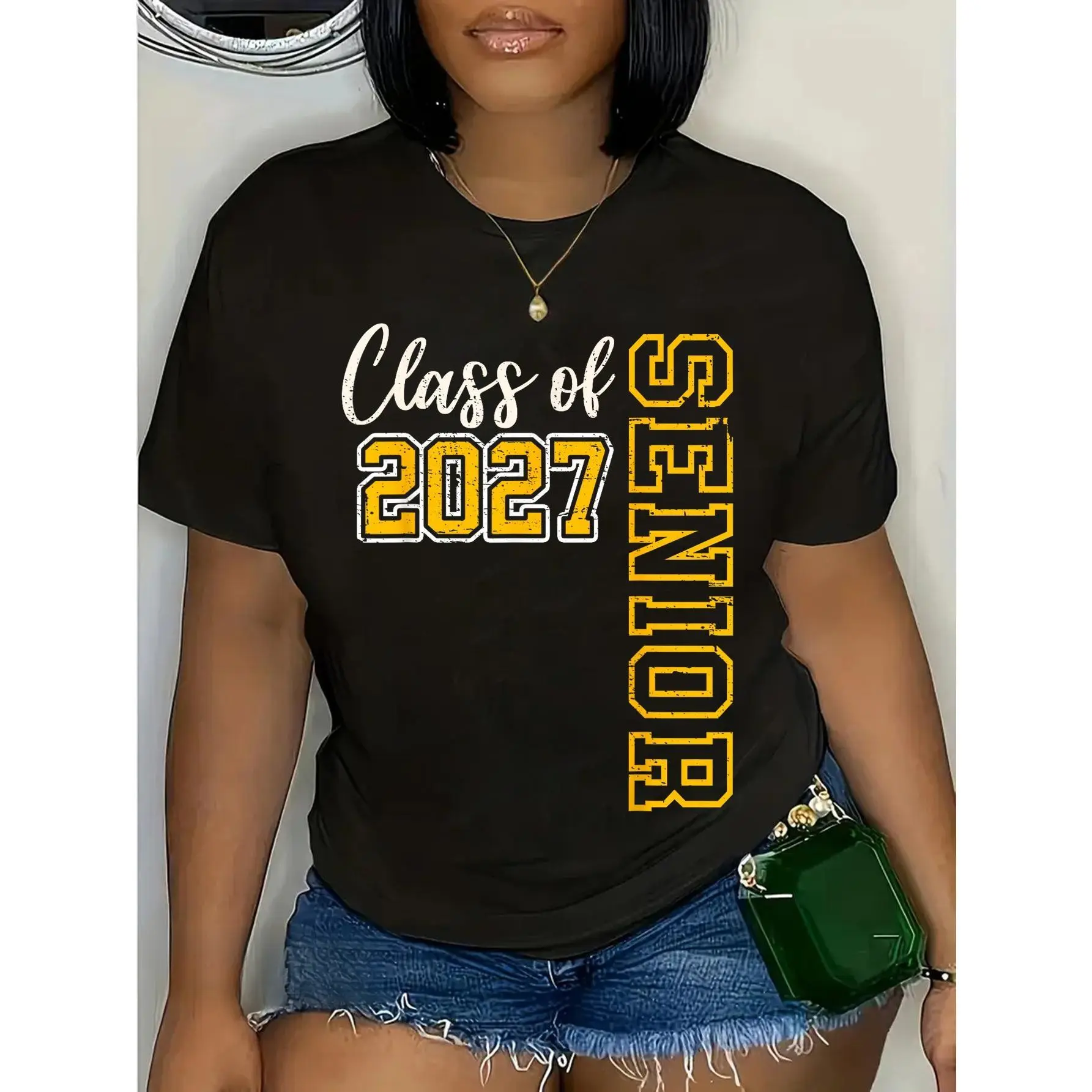 Class of 2027 Senior Graphic T-Shirt, Casual Solid Shortsleeve Crew Neck, Lightweight Breathable Fabric for Everyday Comfort, Round Neck, Tshirt, Streetwear, Tailored Fit, Fitted