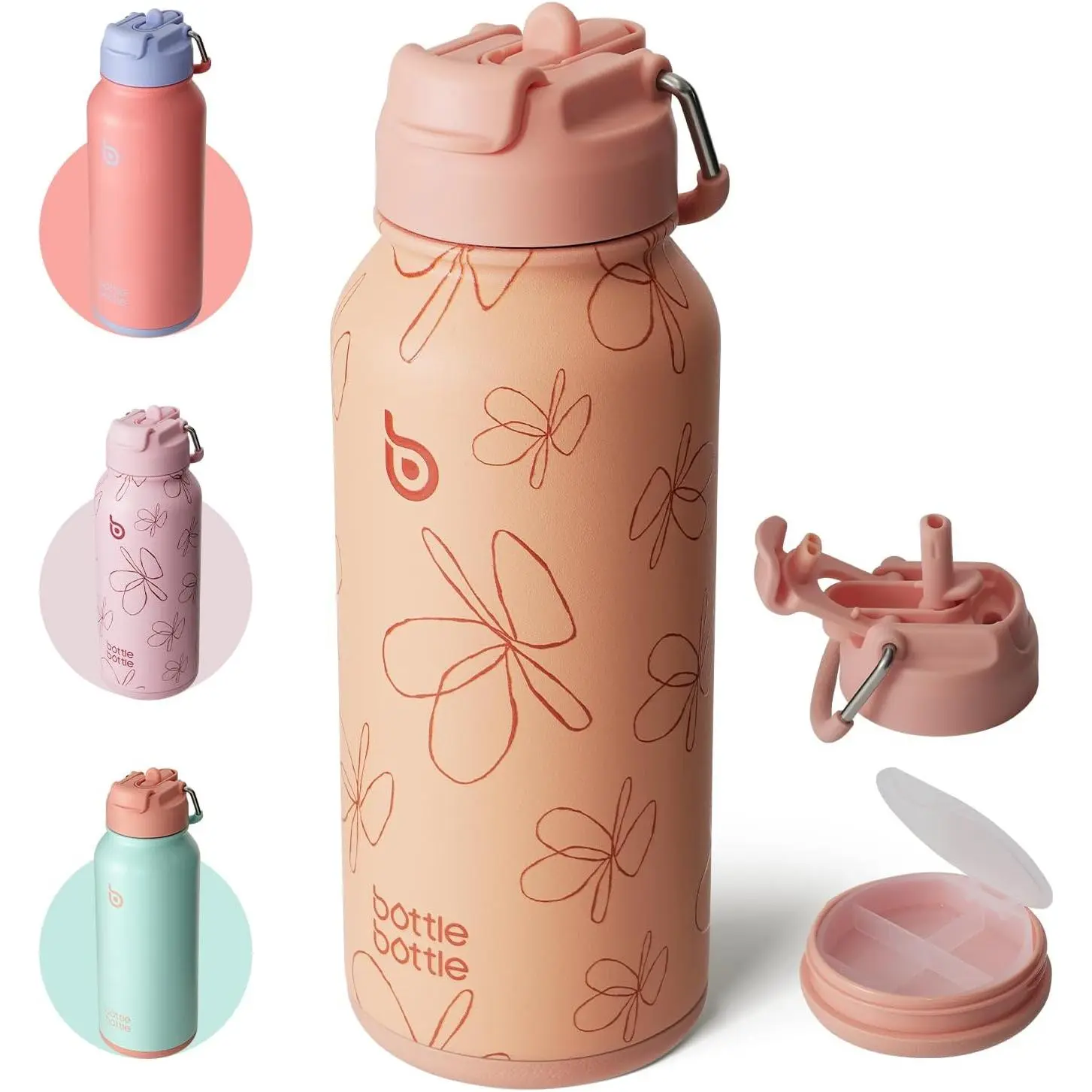 32oz Insulated Water Bottle Stainless Steel Sport Water Bottle with Straw Dual-use Lid Design for Gym with Pill Box