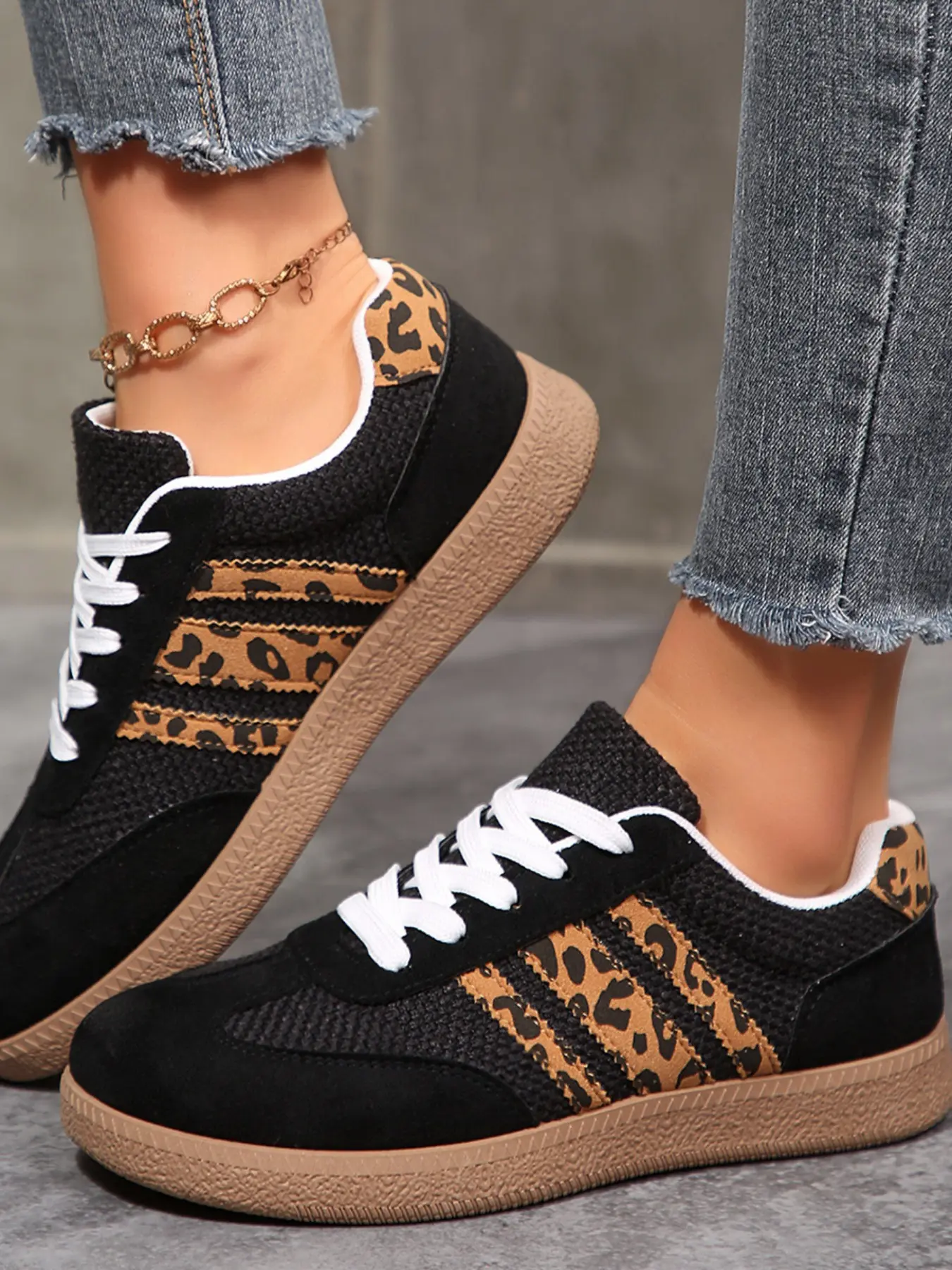 Leopard Print Mesh Patchwork Knit Shoes, Breathable Loose Round Toe, Trendy Colorblock Retro Design, Comfortable Military Trainer, Sneaker