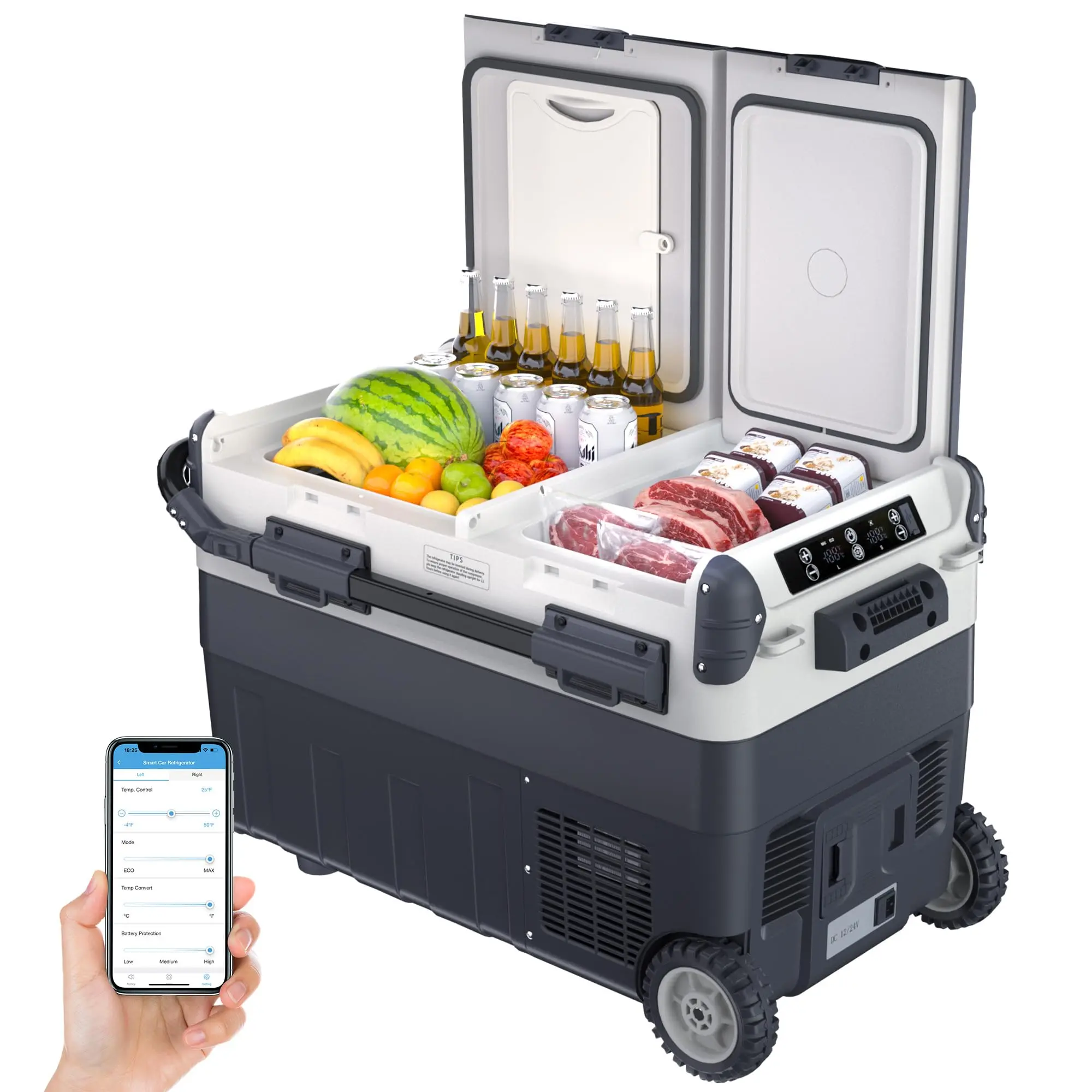 Portable Car Refrigerator with Wheels & Pull Rod - 32QT 42QT 53QT Dual Zone 12V Compressor Freezer with Eco Friendly R600a Refrigerant for RV Camping SUV Road Trip