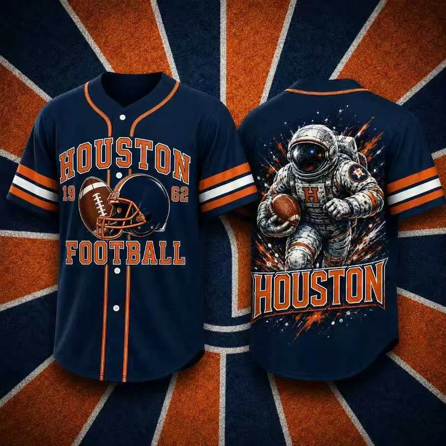 Houston Football Jersey Shirt for Men and Women, Unisex Button Down Baseball Style Top with Astronaut and Helmet Graphics, Navy Orange Short Sleeve Fan Outfit for Game Day, Tailgate and Streetwear