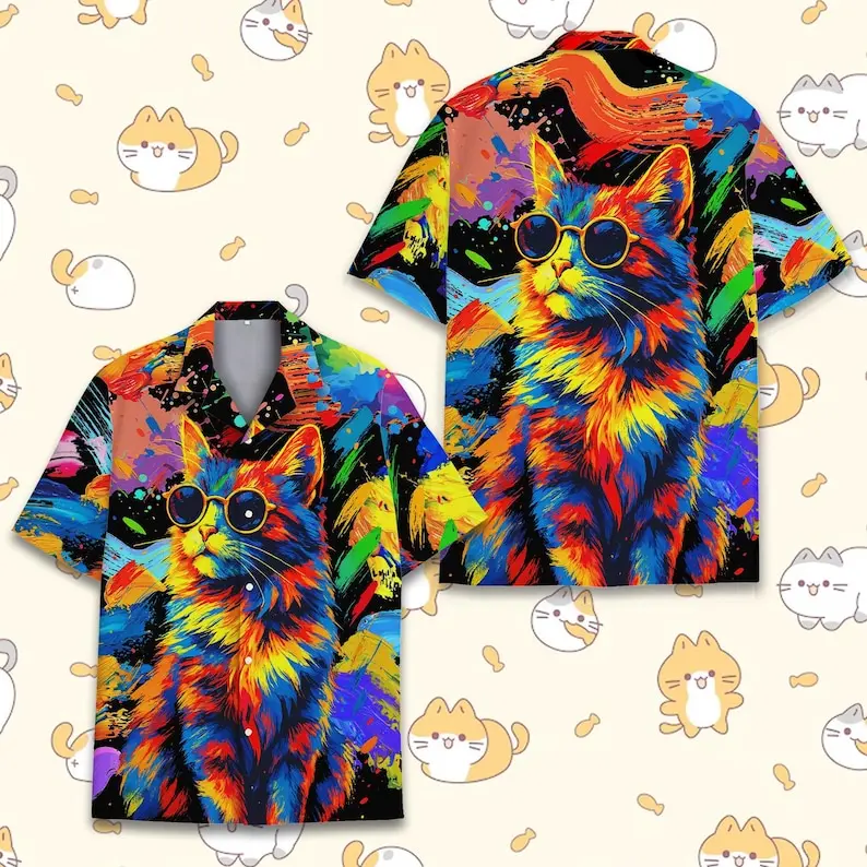 Colorful Cat Hawaiian Shirt Men Women Youth, Trippy Sunglasses Cat Aloha Shirt, Summer Short Sleeve Button Down, Funky Cat Shirt