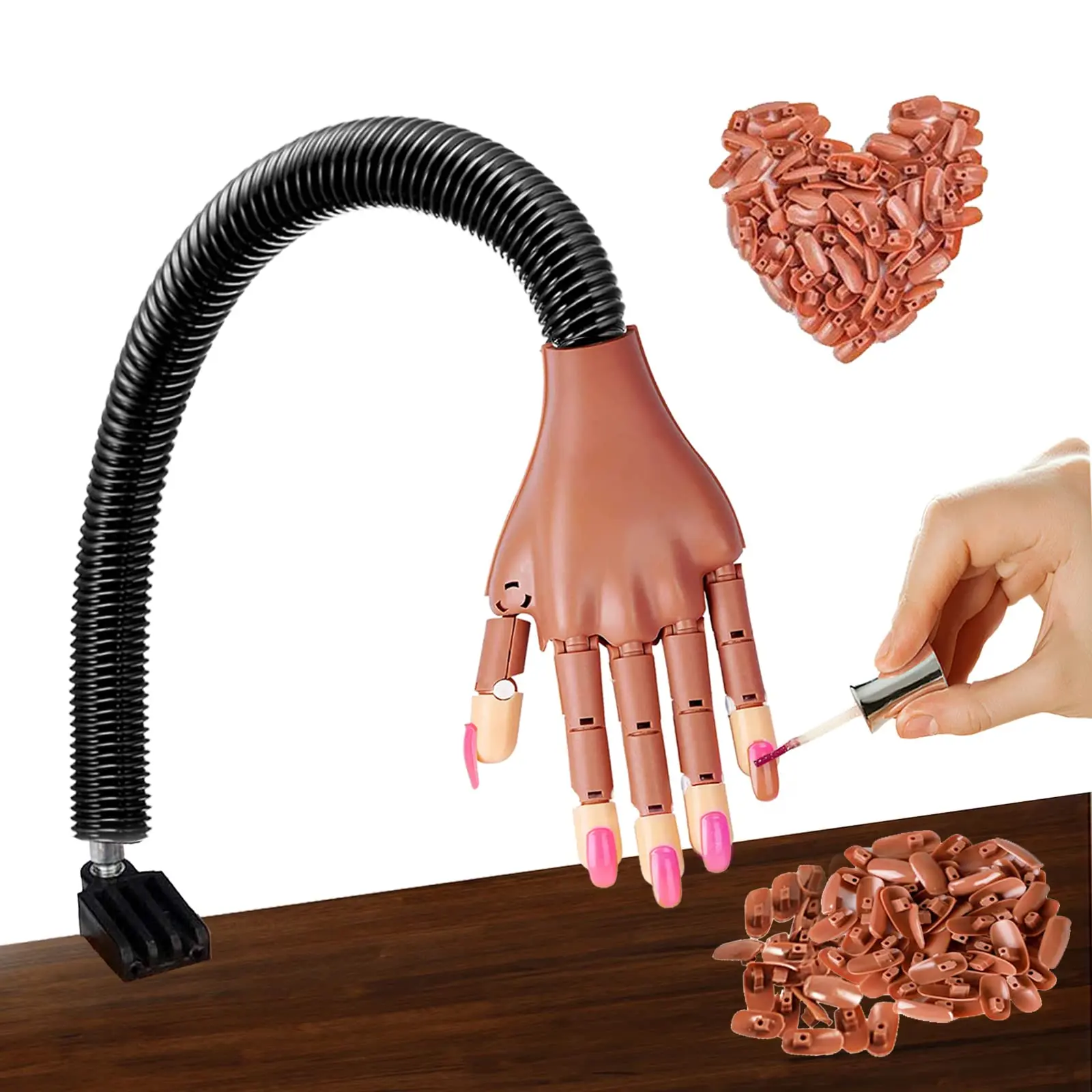Practice Hand for Acrylic Nails, False Fake Nails Training Kit | Finger Model Manicure Mannequin for Professional Cosmetology, DIY, Flexible (Material) Table Stand for Gel Painting with 100 PCS Nail Tips