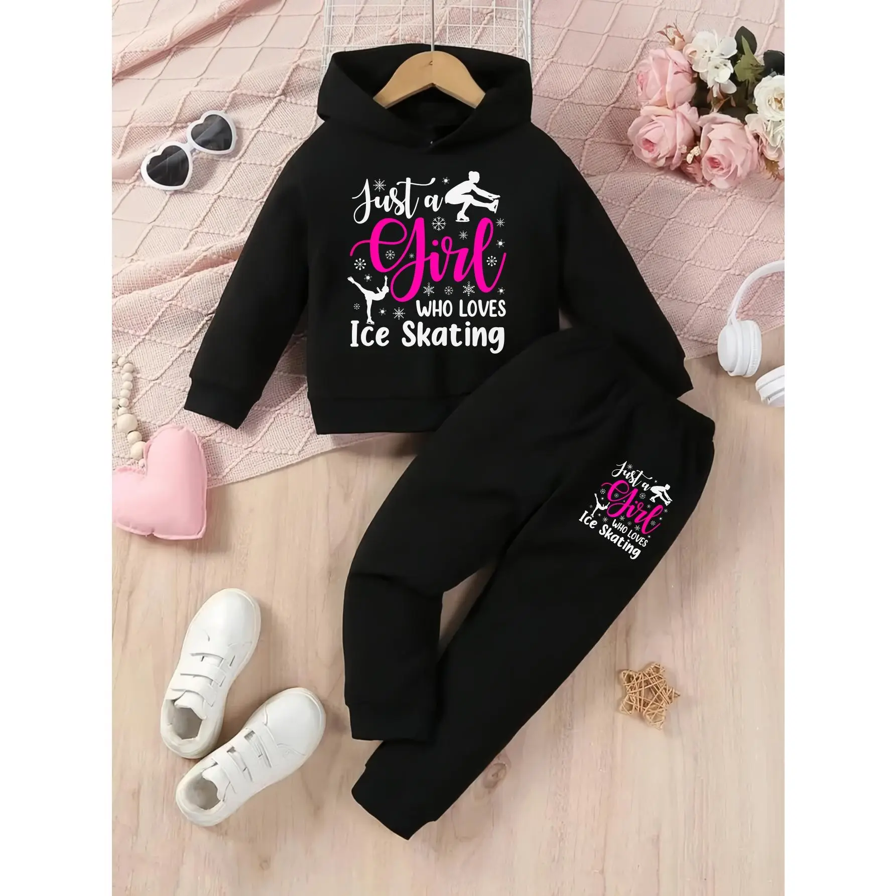 Girls Hoodie and Pants Set Black | Just a Girl Who Loves Ice Skating Print for Ice Skating Activities, Fall/Winter, Sweatshirt and Sweatpants, Casual Style, Hooded, Medium Stretch Fabric, Long Sleeve, for Outdoor