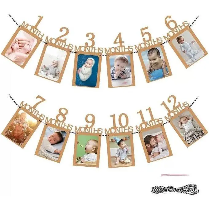 1 Set Pink Lovely 1st Birthday Baby Photo Banner, from Newborn to 12 Months, First Birthday Decorations, Pre-Strung One Year Old Photo Banner with Frame, Monthly Milestones Garland for Boys or Girls