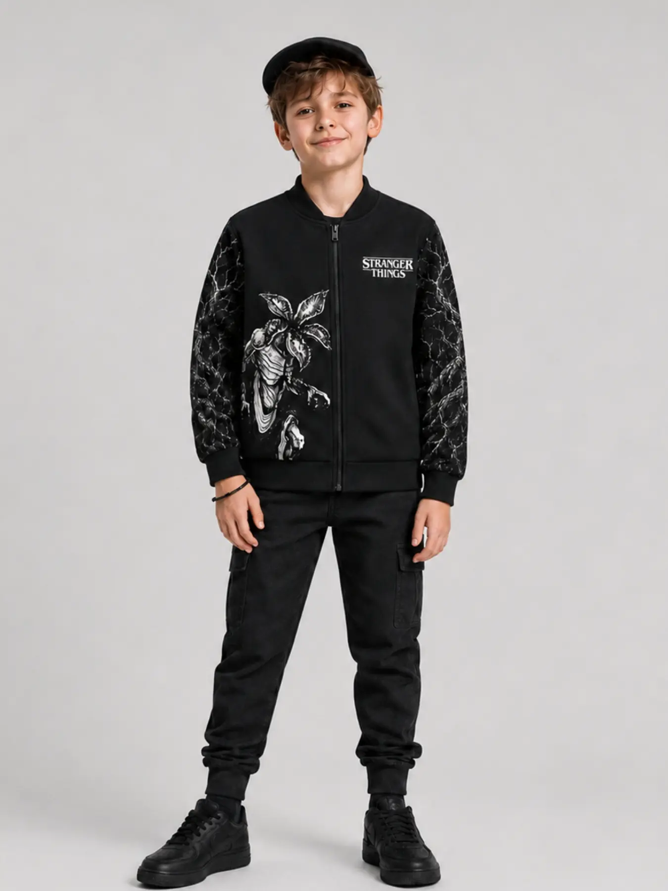 Stranger Things Boys' Baseball Jacket, Zipper Coat, Monster Pattern Sleeves, Casual Long Sleeve Top, Ages 8-14, Fall & Winter