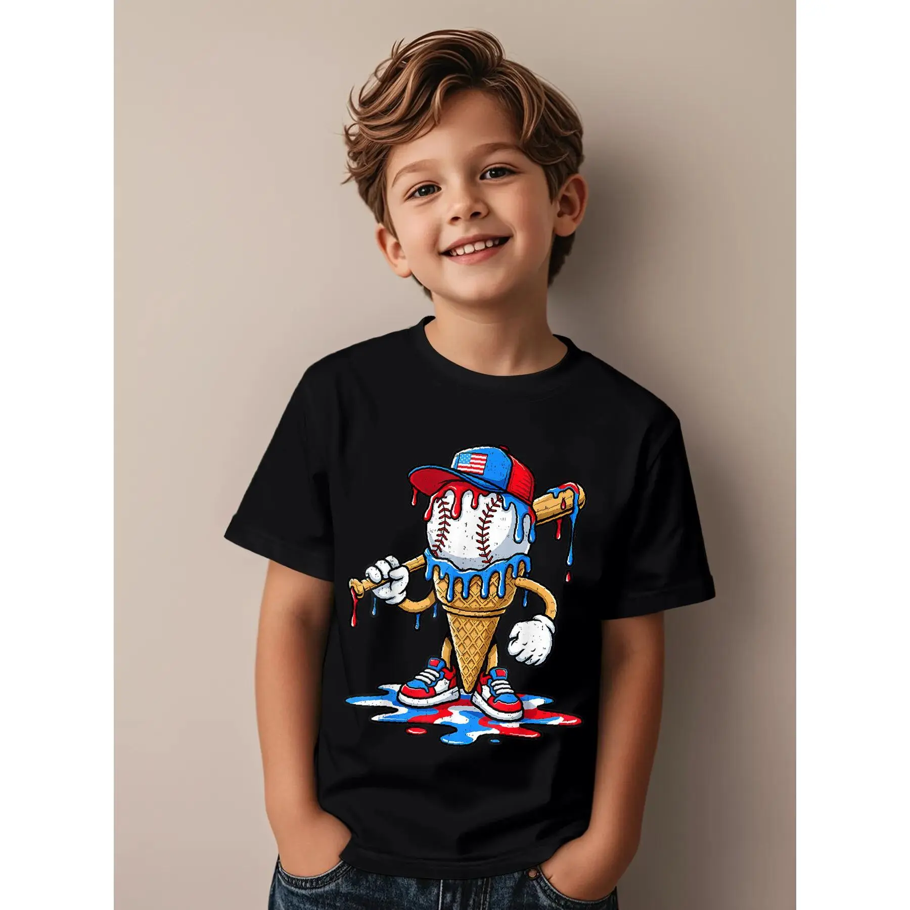 Baseball Drip American Flag for Boys  Youht 4th of July Funny Awesome Graphic Kid T-Shirt Fashion Kid T Shirts Trending Tops Tees for Kid