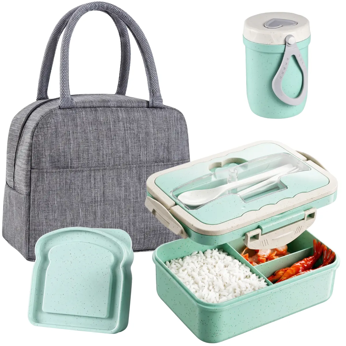 Lunch Box Set with Insulated Lunch Bag, Bento Box with Breakfast Cup & Bread Container, Large Capacity Leakproof Food Storage Box for School, Office & Travel