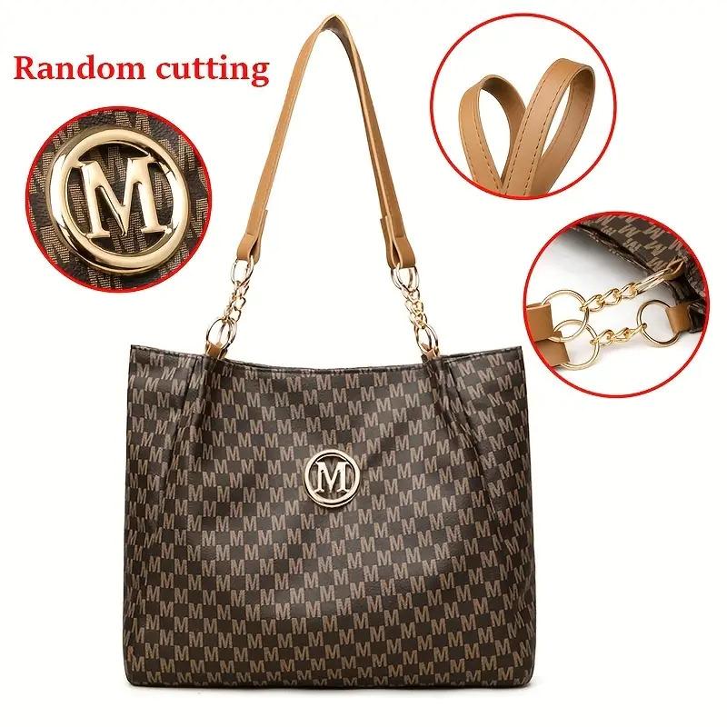 Two-piece set with large-capacity single shoulder bag, perfect for elegant urban women. Features a Lotus M print, stylish M-shaped metal buckle design, lightweight fixed shoulder strap, Lightweight style, suitable for various occasions-ideal gift