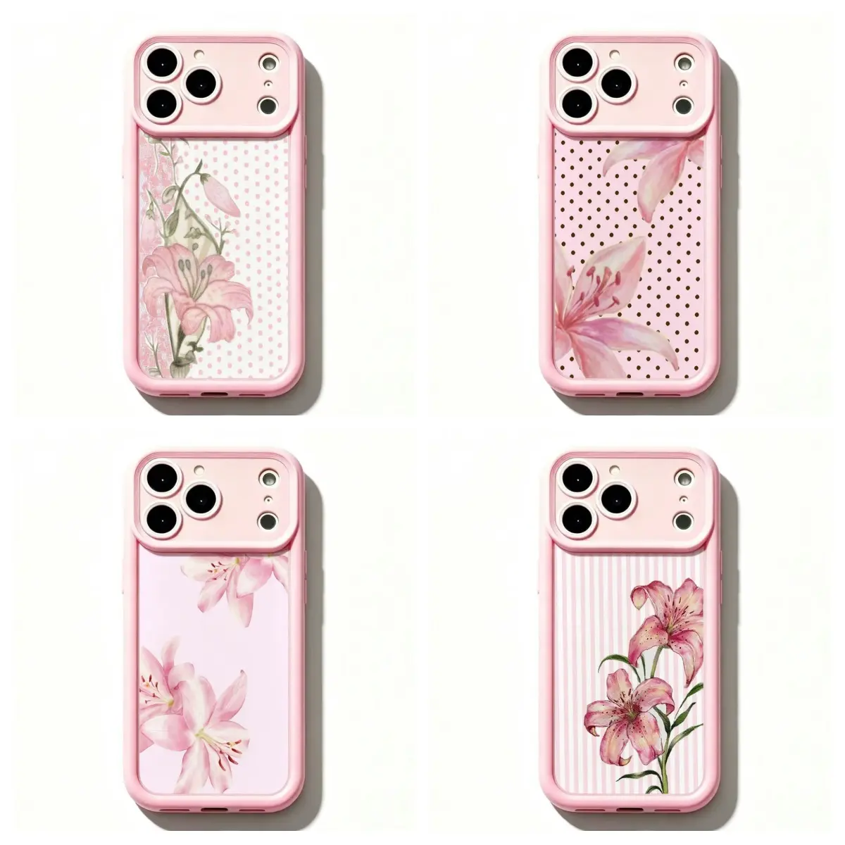 TY-Pastel Pink Lily Floral Phone Case with Pink Frame,Watercolor Flower on Polka Dot & Striped Background Protective Cover For iPhone 11 12 MINI 13 MINI 14 15 16 17 Air Pro Max for Samsung S26 S25 S24 S23 S22 S21 Case,Gift for her/him