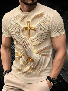 Men's Round Neck Short Sleeve T-Shirt with Graphic Prayer Cross and Wings Design, Casual Fitted Long T-Shirt, Baroque Pattern, Plain Surface, Unlined