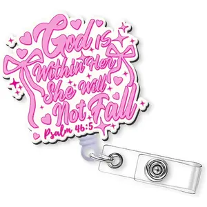 Verse Badge Reel Retractable - God is Within Her, She Will Not Fall ID Badge Holder with   Clip for Nurse   Student Teacher  Worker Office Card Reels Gifts
