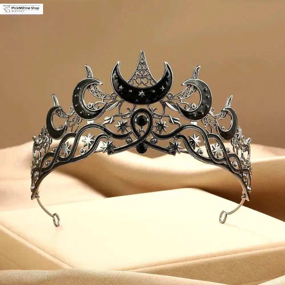 Women's Gothic Silver-Black Celestial Moon-Star Crown Tiara - Synthetic Layered Hair Accessory with Crescent Moons, Ornate Accents for Halloween Costume, Cosplay