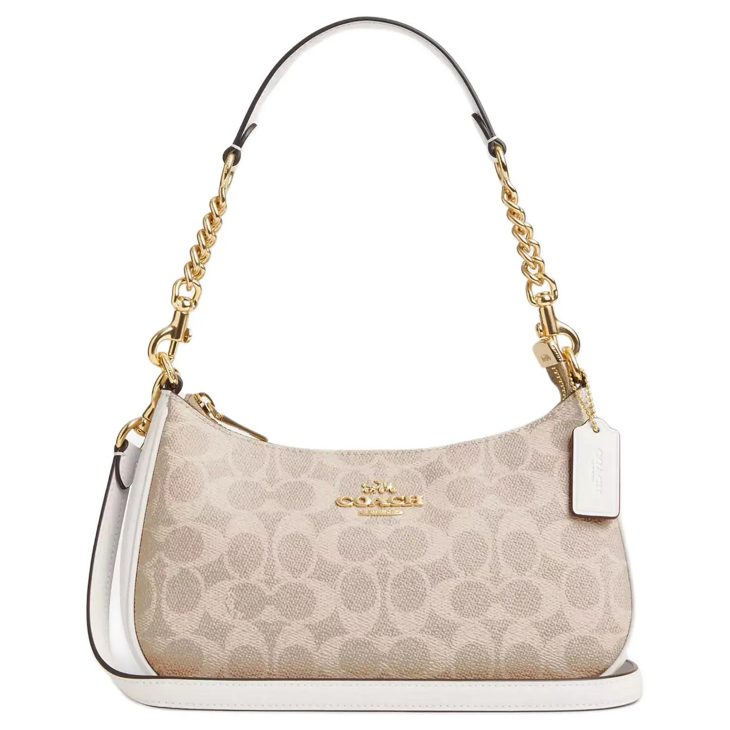 COACH Teri 24 Classic Monogram Zip Top Handle Crossbody Shoulder Bag for Women, Medium Size, Sand and Chalk White