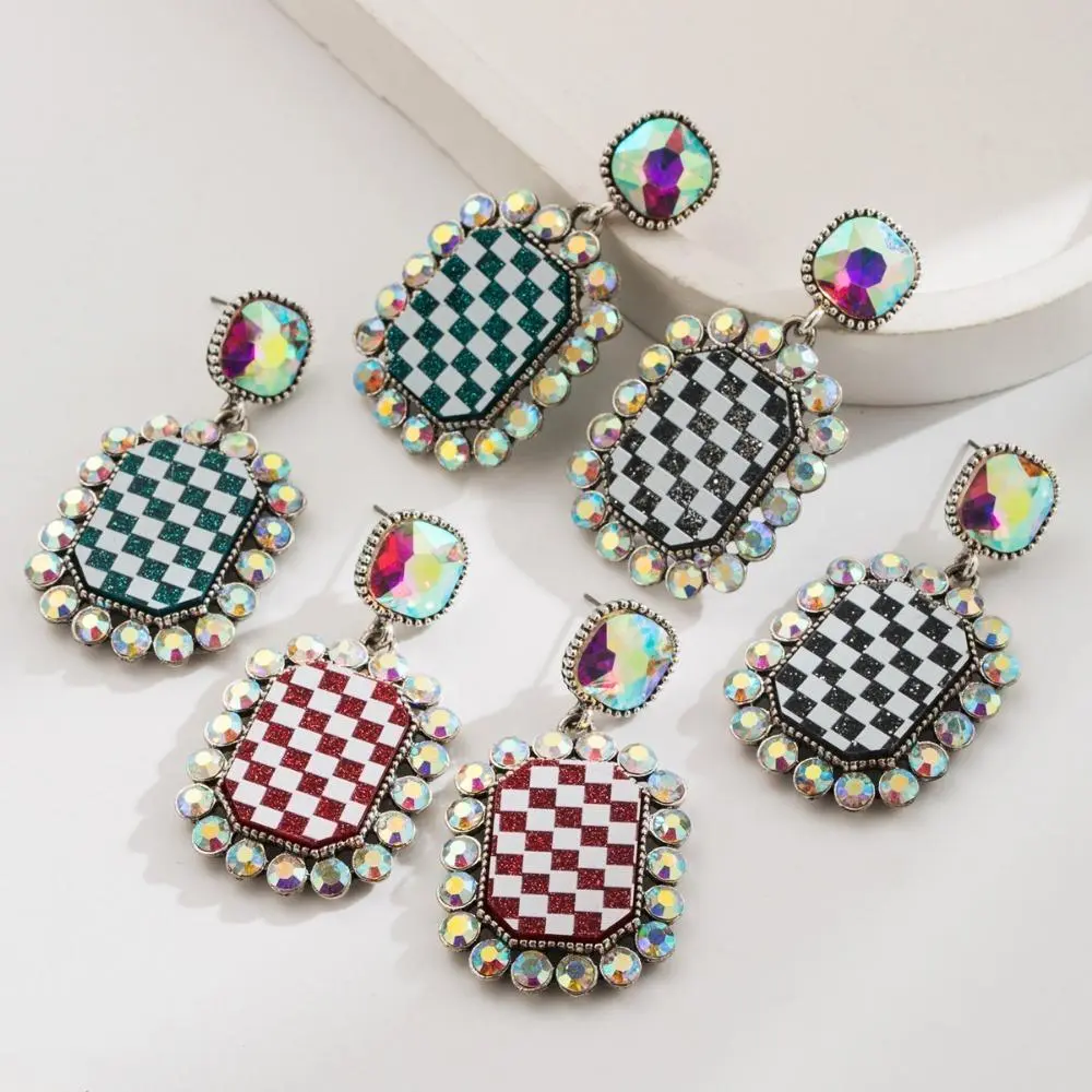 Women's Trendy Checkerboard Rhinestone Square Earrings, Edgy Geometric Plaid Alloy Statement Dangle Earrings, Retro Y2K Sparkly Fashion Everyday Festival Party Streetwear Jewelry