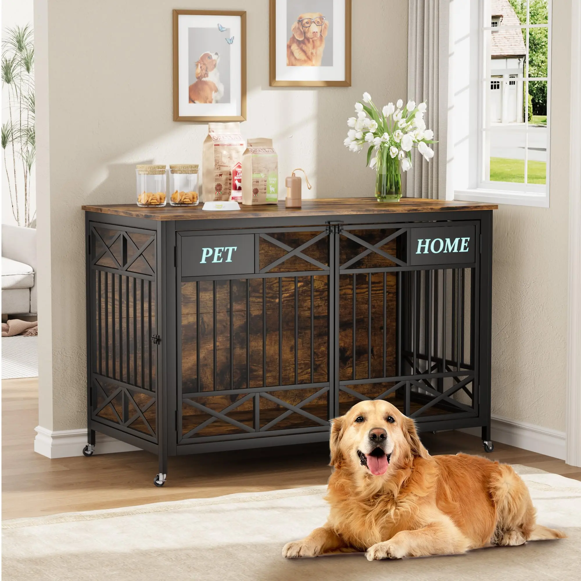 Heavy Duty Wooden Dog Crate Furniture - 47 Inch Large Pet Kennel Cage with Double Doors, Sliding Pulley System & Name Tag - Decorative End Table & TV Stand for Dogs, Rustic Brown