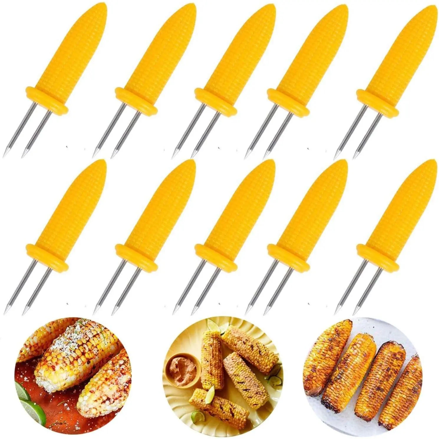 10PCS Stainless Steel Corn Holders, Twin Prong Corn on The Cob Skewers Sweetcorn Forks, Kitchen Tool for BBQ & Home Cooking