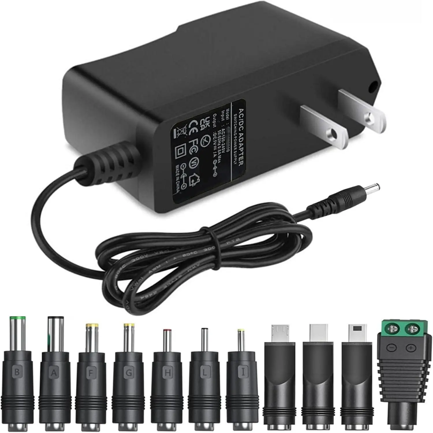 5V 1A AC Adapter DC5V Power  Cord with 11 Plug Tips AC to DC 5Volt 1A 500mA 400mA 200mA 100mA Power Adapter for   Graco Swing Camera Raspberry Pi USB Type-C 5V wall Charger 6FT
