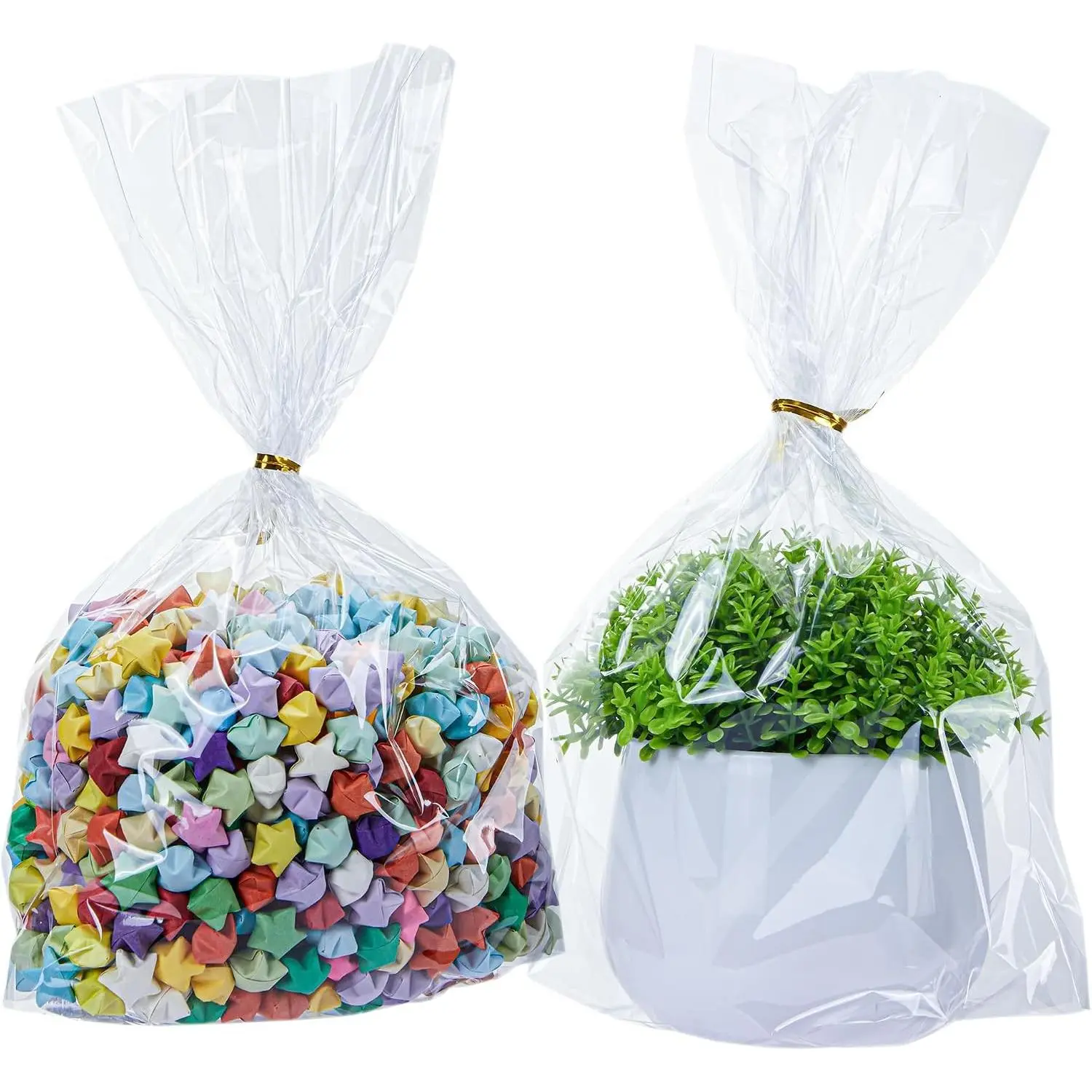 Cellophane Bags 8x11, 100 Pack Clear gift bags with Bottom Gusset, 1.5 Mil Thick, BPA-Free Plastic Treat Bags with 100 Gold Twist Ties - Premium Cello Bags for Gifts, Candies, Cookies & Party Favors