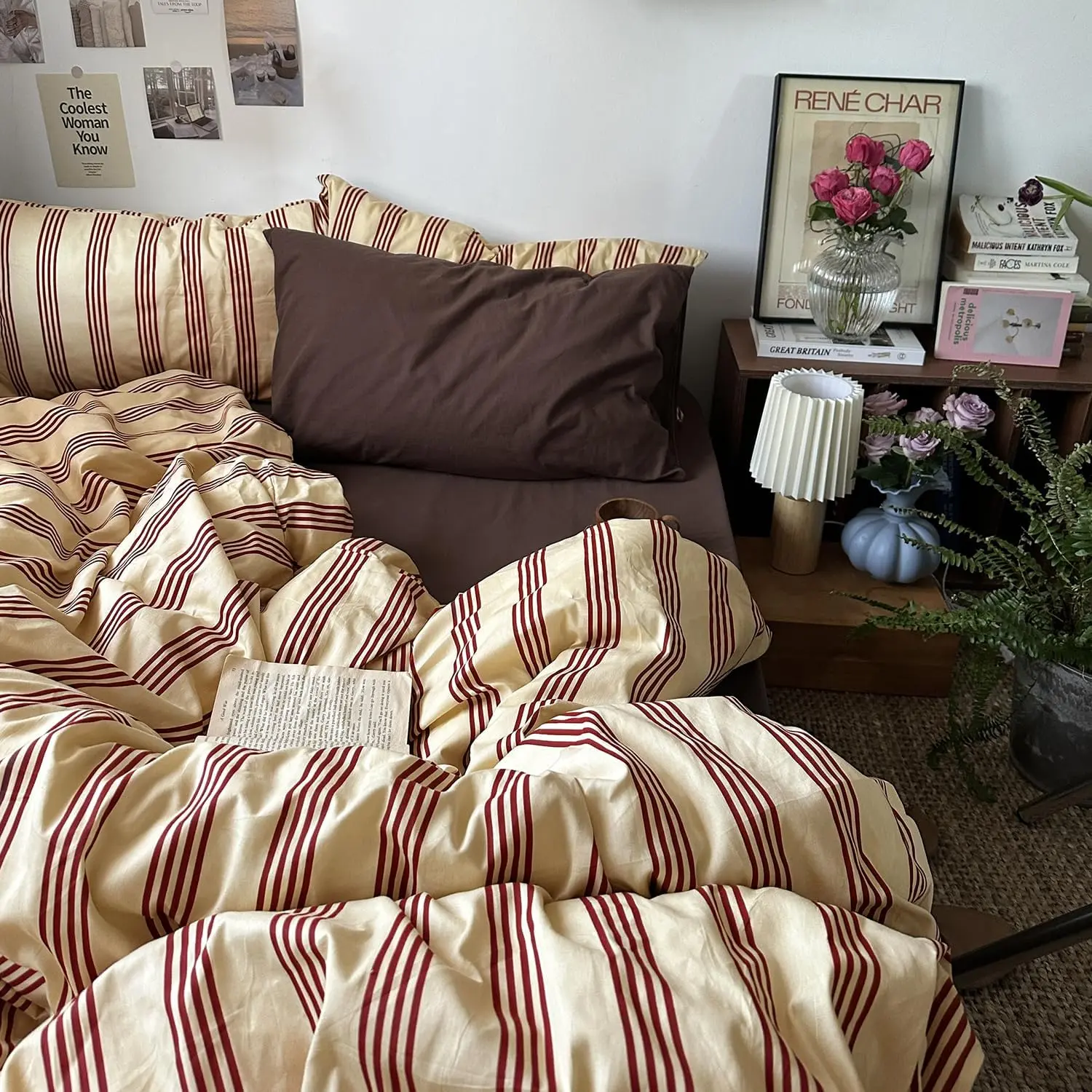 Queen Size Retro Striped Cotton Duvet Cover Set - 100% Natural 3-Piece Geometric Theme Bedding Set, Soft Breathable Red Patterned Comforter Cover with Zip Closure & Corner Ties, Vintage