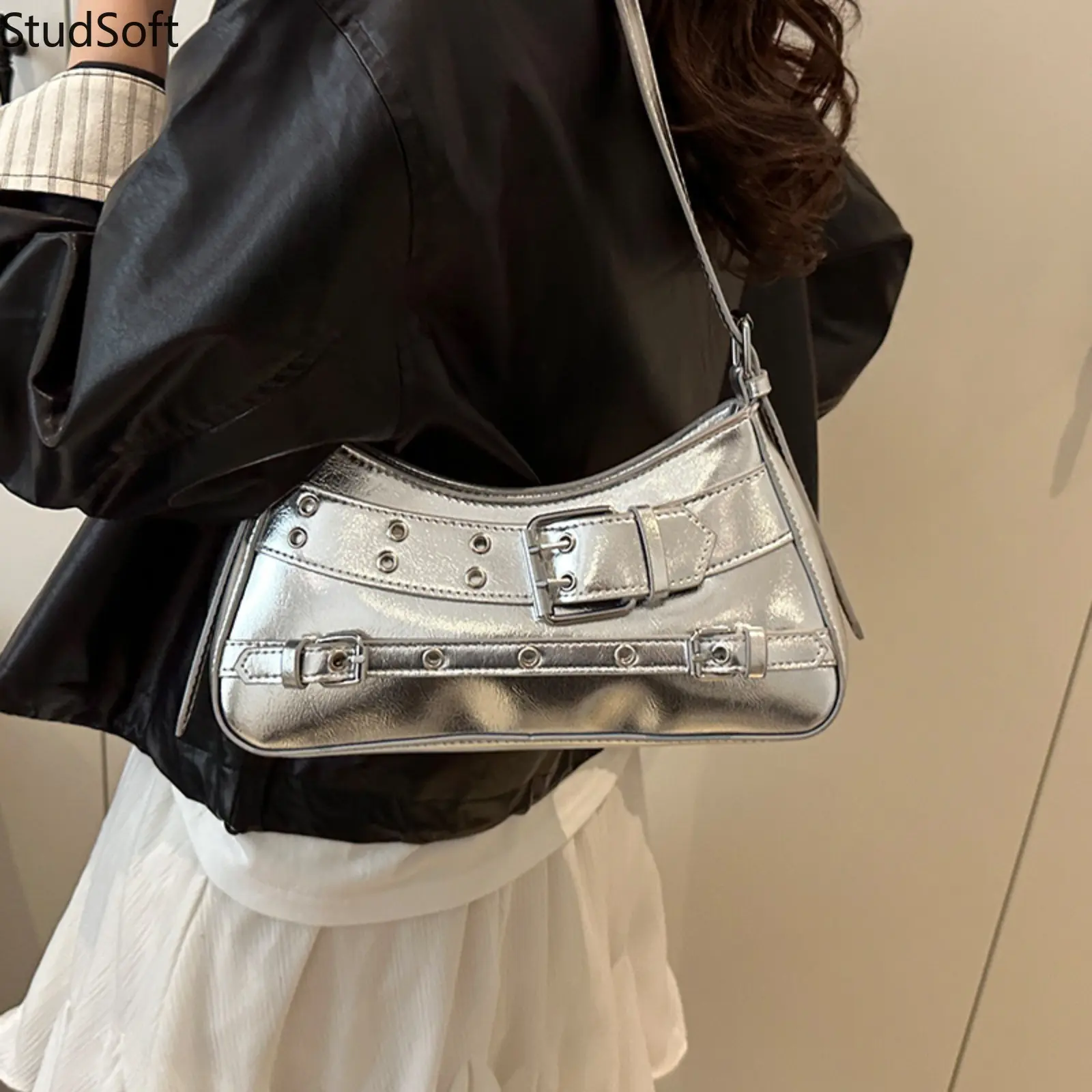 Silver Metallic Shoulder Bag Y2K Punk Style Goth Underarm Purse Faux Leather Multi Buckle Crossbody Handbag Festival Rave,back to school,back to school haul