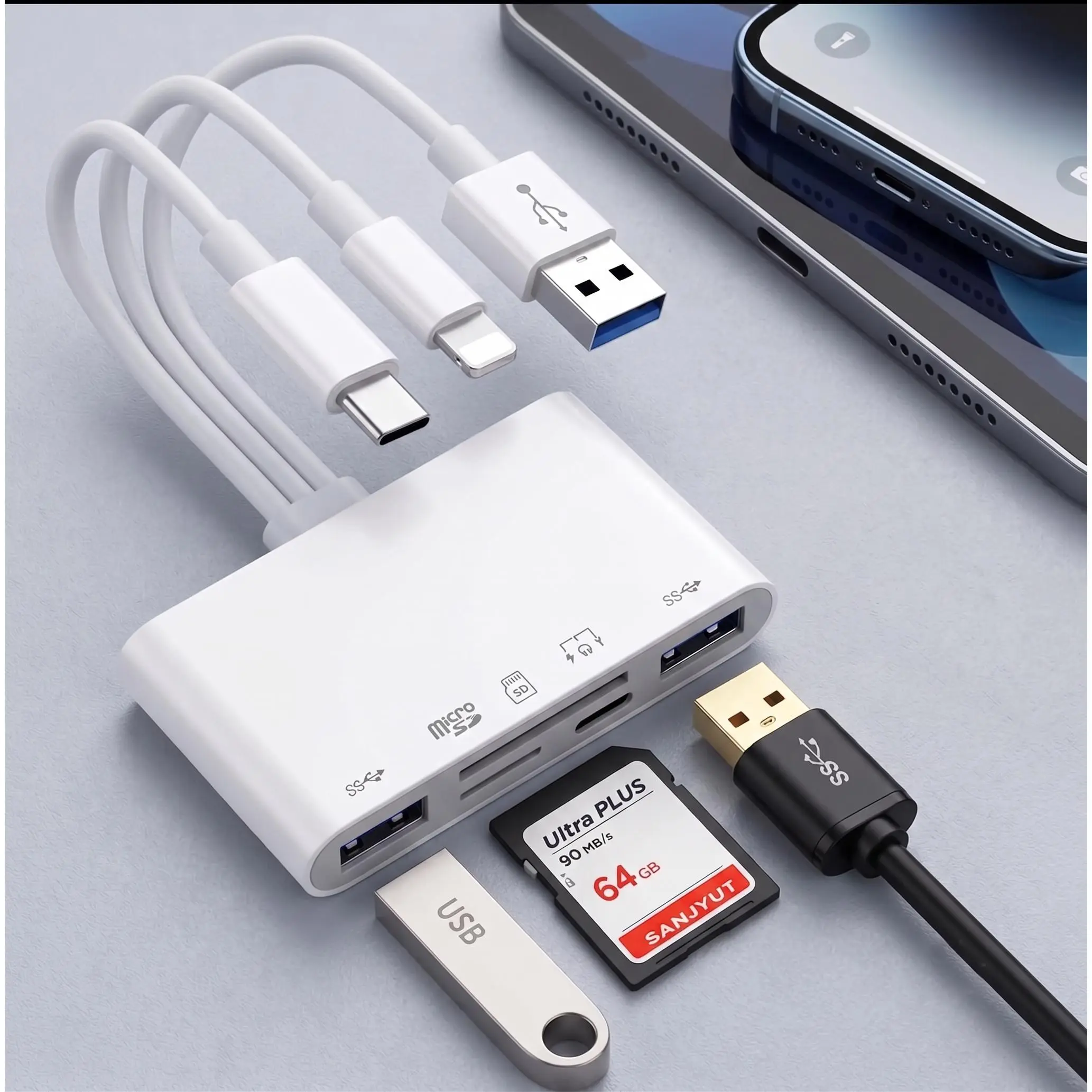 Unisex 5-in-1 Multi-Port USB OTG Card Reader, USB-A/Type-C, SD & TF Dual Slots, 90MB/s Fast Speed Data Transfer, Charging Port - Durable for Photographers, iPad, iPhone 14/13, MacBook, Laptop