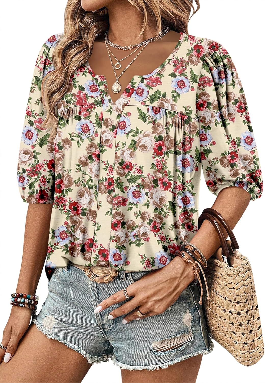 Womens Puff Half Sleeve Summer Tunic Tops Casual Chest Pleated Shirts Work Blouse for Women Dressy