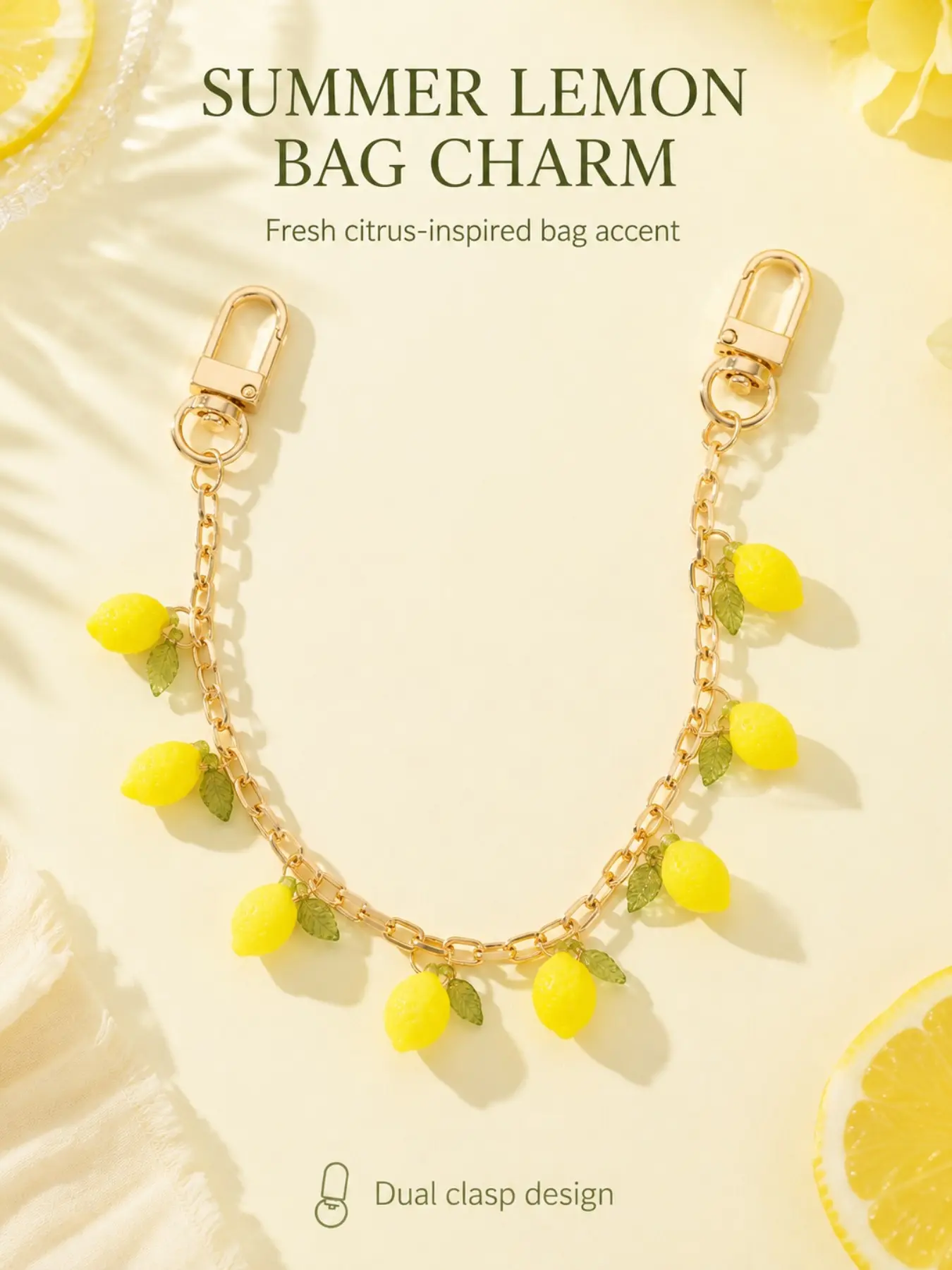 Coquette aesthetic Yellow Lemon Beaded Bag Charm Pendants Chain resin 3D lemon charms Detachable double carabiner for crossbody bag, jeans loop, backpack hanging Phone case lanyard Fruit Theme Purse Charms / Decorative Straps Waist / Belt Chain