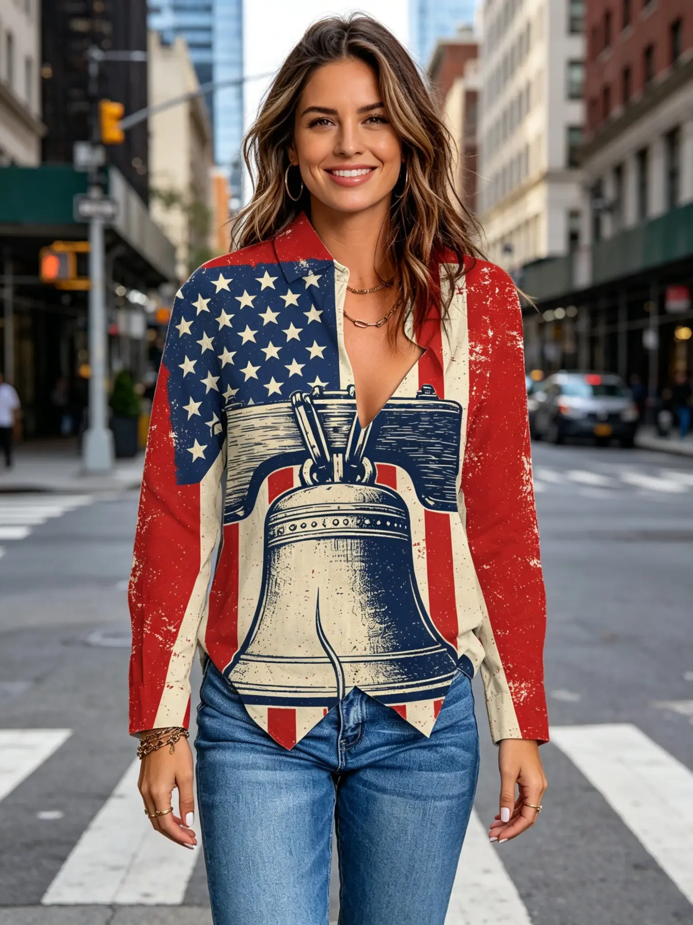 2026 New Women's Vintage Asymmetric Star-Spangled Liberty Bell Print Long Sleeve Shirt, American Blue Five-Pointed Star Collar Casual Blouse