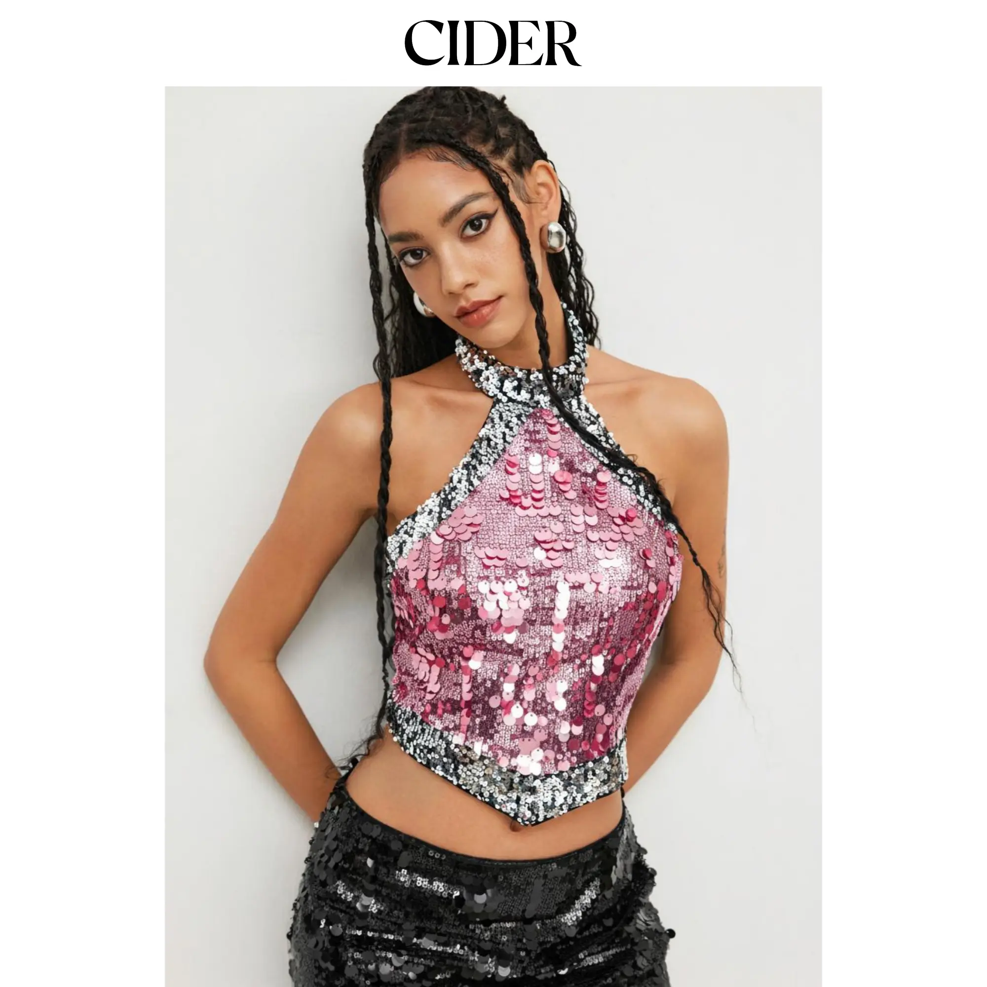 Cider Sequin Halter Neckline Contrasting Binding Crop Tank Top