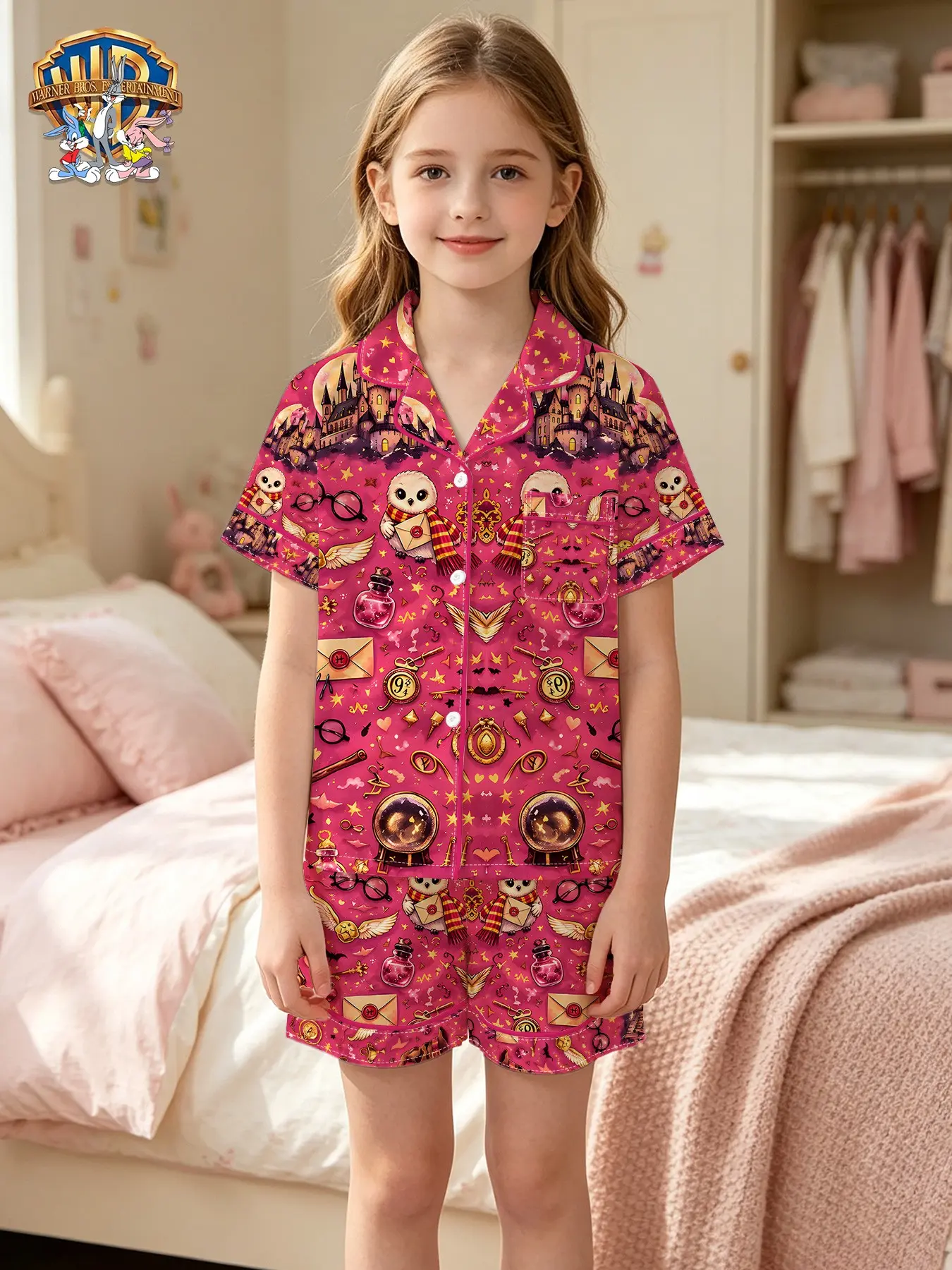 Warner Bros. Official Harry Potter Hogwarts Castle Magic Elements Kids Short Sleeve Pajama Set, Casual Loose-Fitting Two-Piece