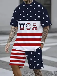 Men's American Flag Print Two-Piece Summer Set, Menswear Outfit Matching, Star-Spangled Tee and Shorts, Casual Patriotic Streetwear, Breathable and Comfortable