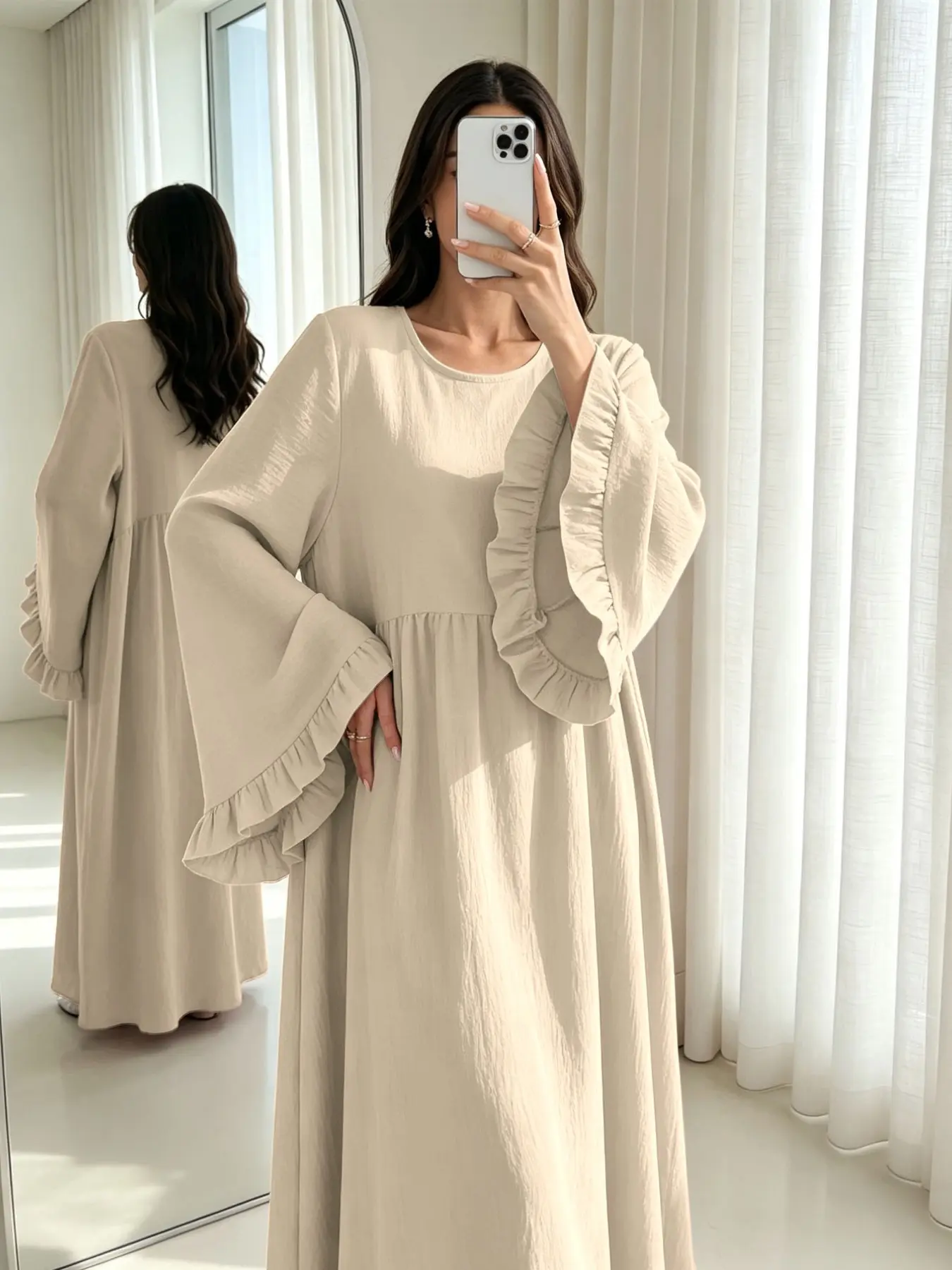 Elegant Muslim Plus Size Dress with Ruffled Sleeves and Front Design, Versatile Khimar-Compatible Abaya Long Robe, Classic and Stylish