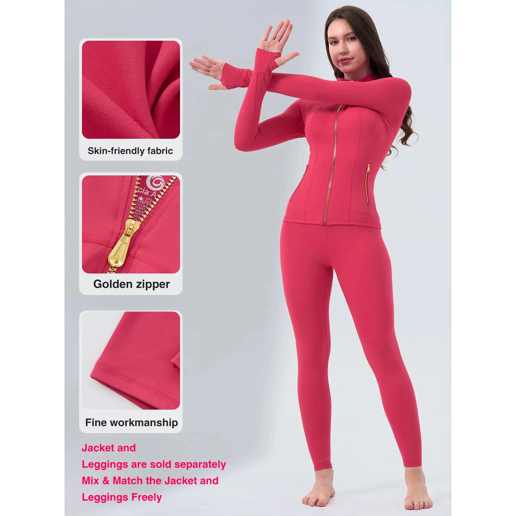 Women's Soft Brushed 2-Piece Sports Set - Gold-Color Zipper Jacket with Pockets, 25'' Inseam Leggings with Thumbholes, Gardenia Fragrance, Yoga & Casual Wear, Active Sweat Suit, Two Piece Set