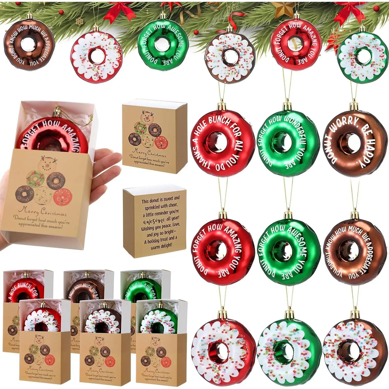 6 Sets Christmas Donut Ornament with Cards Inspirational Red Green Brown Donut Decorations for Christmas Tree Thank You  Ornament for Employee Coworkers Xmas Holiday Party Gifts