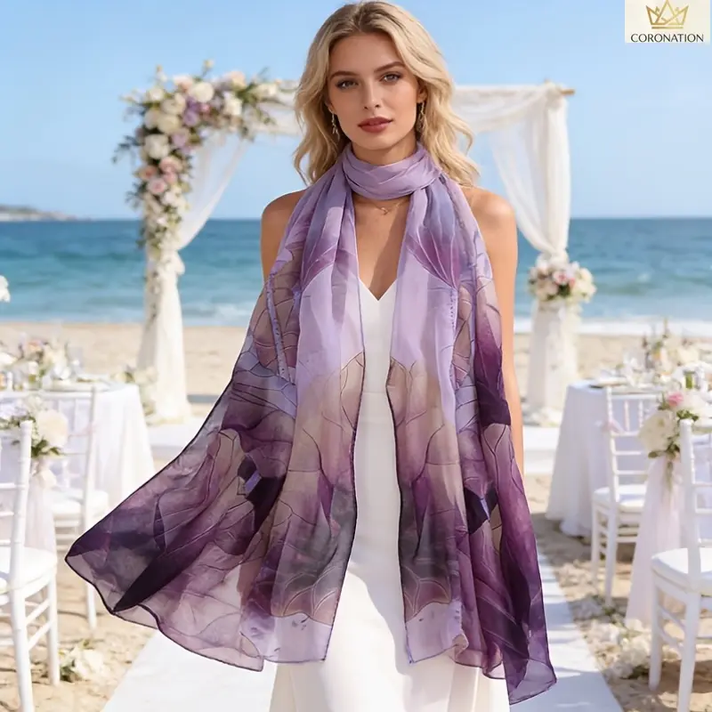 Women's Purple Gradient Silk Scarf - Aesthetic Ombre Chiffon Shawl with Lotus Leaf Print, Breathable Lightweight Sun Protection Wrap, Elegant Oversized Beach Cover Up for Vacation Travel & Everyday Styling