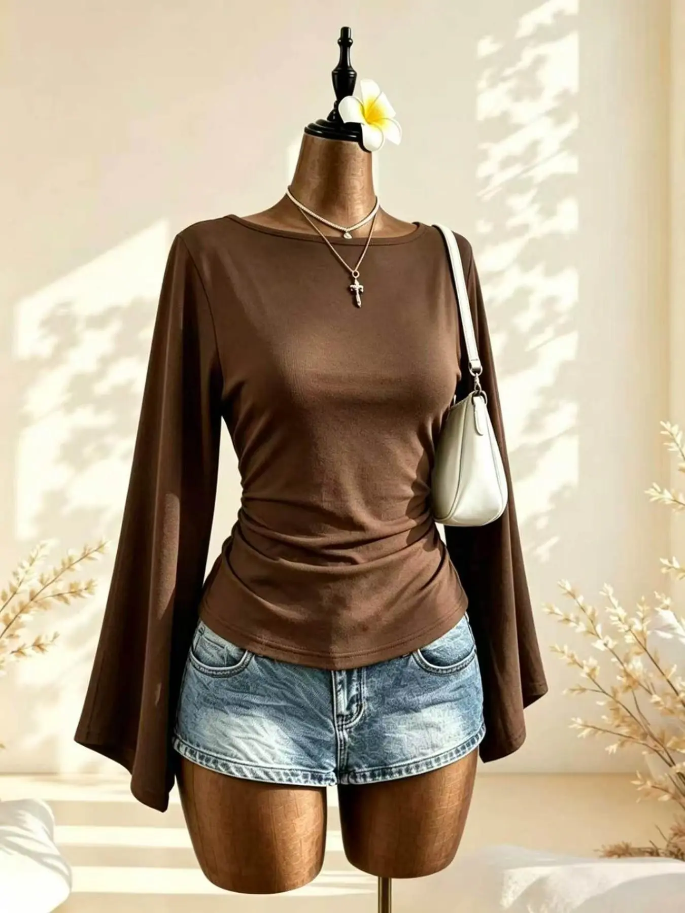 Casual Loose Fit Flare Sleeve Blouses Shirts Tops with Tie Back Waist Design, Pure Color Women's Fashion Long Sleeve Shirt for Daily Wear
