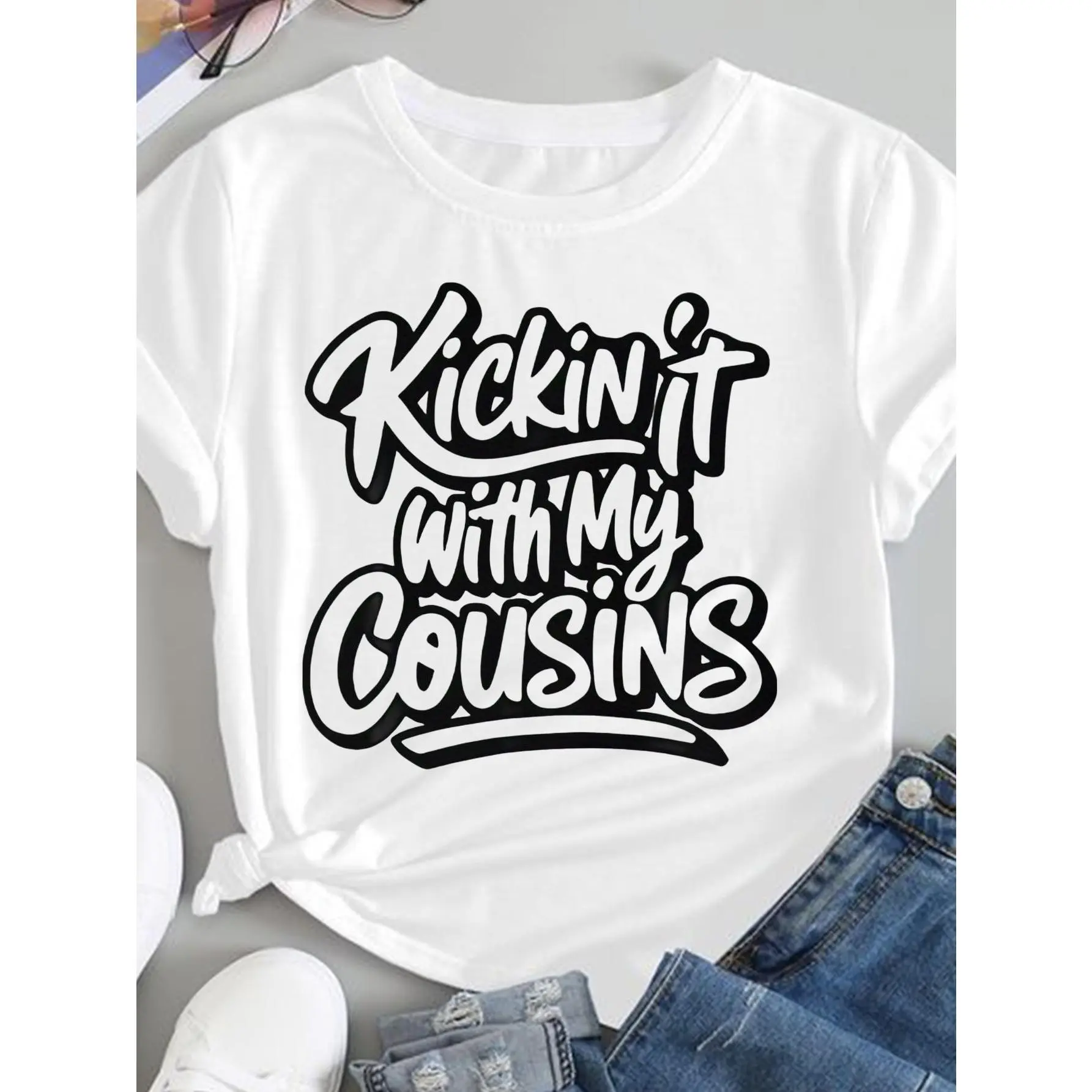 Funny Cousins Matching T Shirts Kickin' It with My Cousins Slogan Black Artistic Sun & Moon Classic Retro Style Round Neck S Machine Washable Ideal for Casual Sportswear