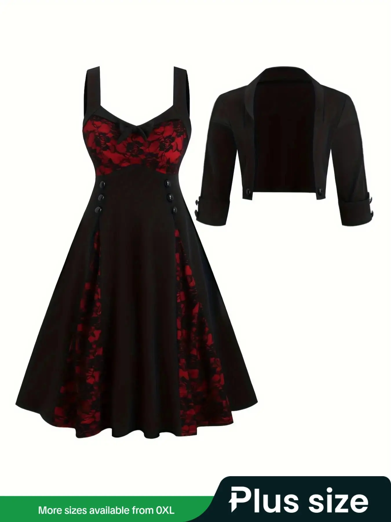[Plus Size] Two-piece Set Crop Blazer & Colorblock Contrast Lace Bow Decor Jersey Dress, Elegant Chic Fashion Casual Blazer & Cami Plicated Dress Set for Daily Outdoor Wear, Women's Outfits for Fall & Winter Womenswear