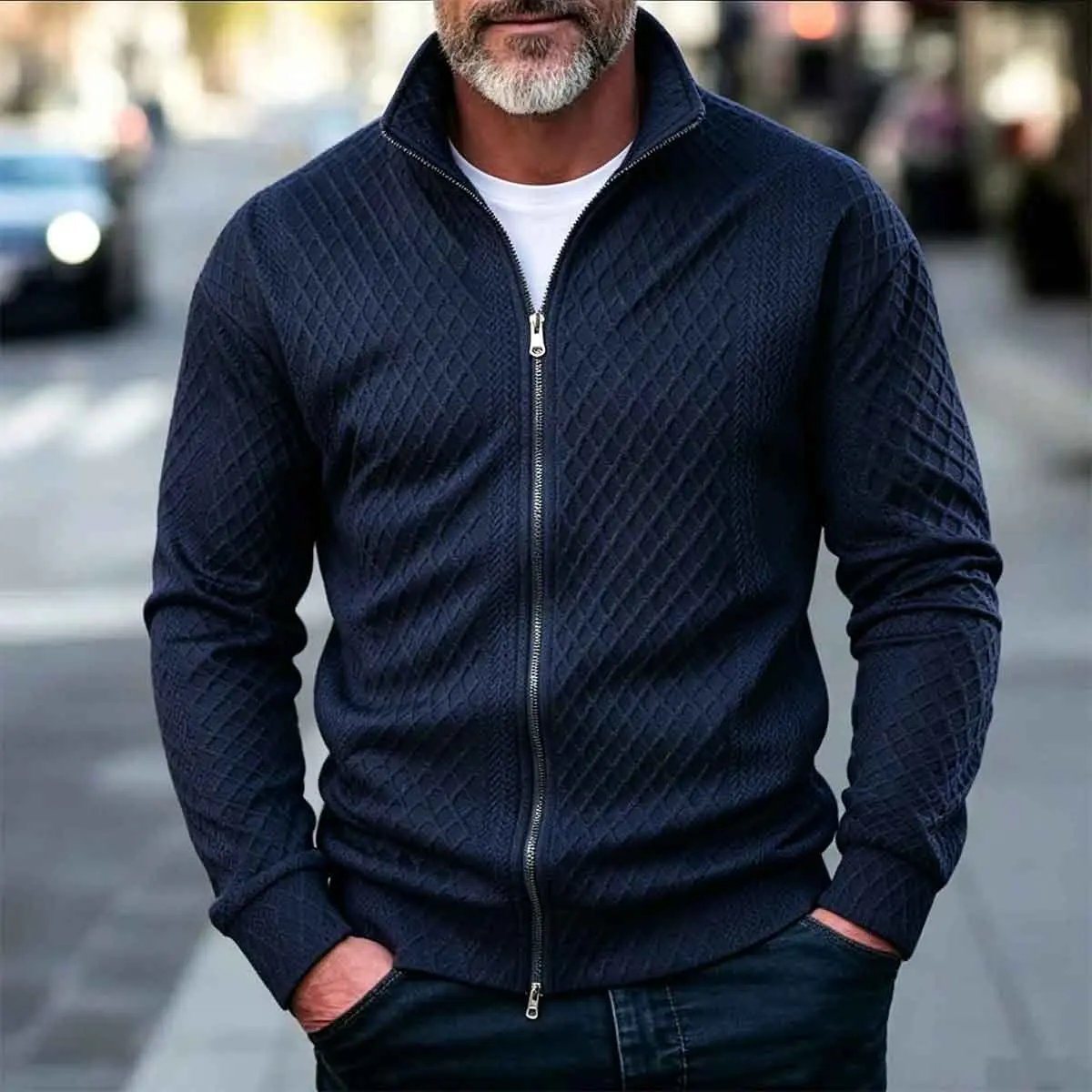 Men's solid color zipper knit jacket with diamond texture, long sleeved jacquard knit cardigan, soft and comfortable fabric, business and leisure street style jacket, suitable for daily commuting and leisure occasions in autumn and winter